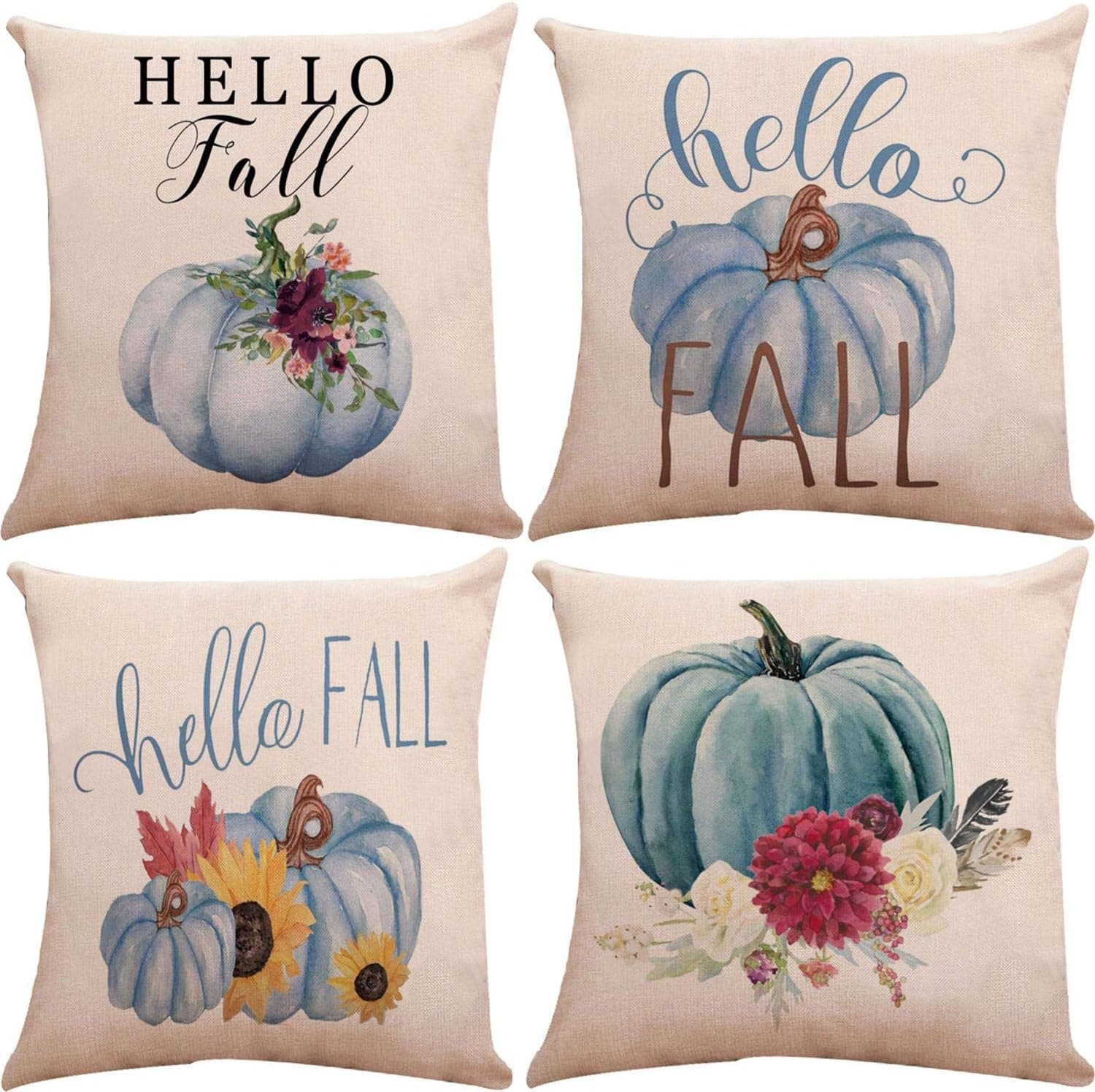 Munzong Set of 4 Hello Autumn Pumpkin Decorative Throw Pillow Covers Sofa Throw Cushion Cover for Thanksgiving Day Fall Harvest Home Decoration, Soft Cotton Blend Square Pillowcases 18 x 18 Inch