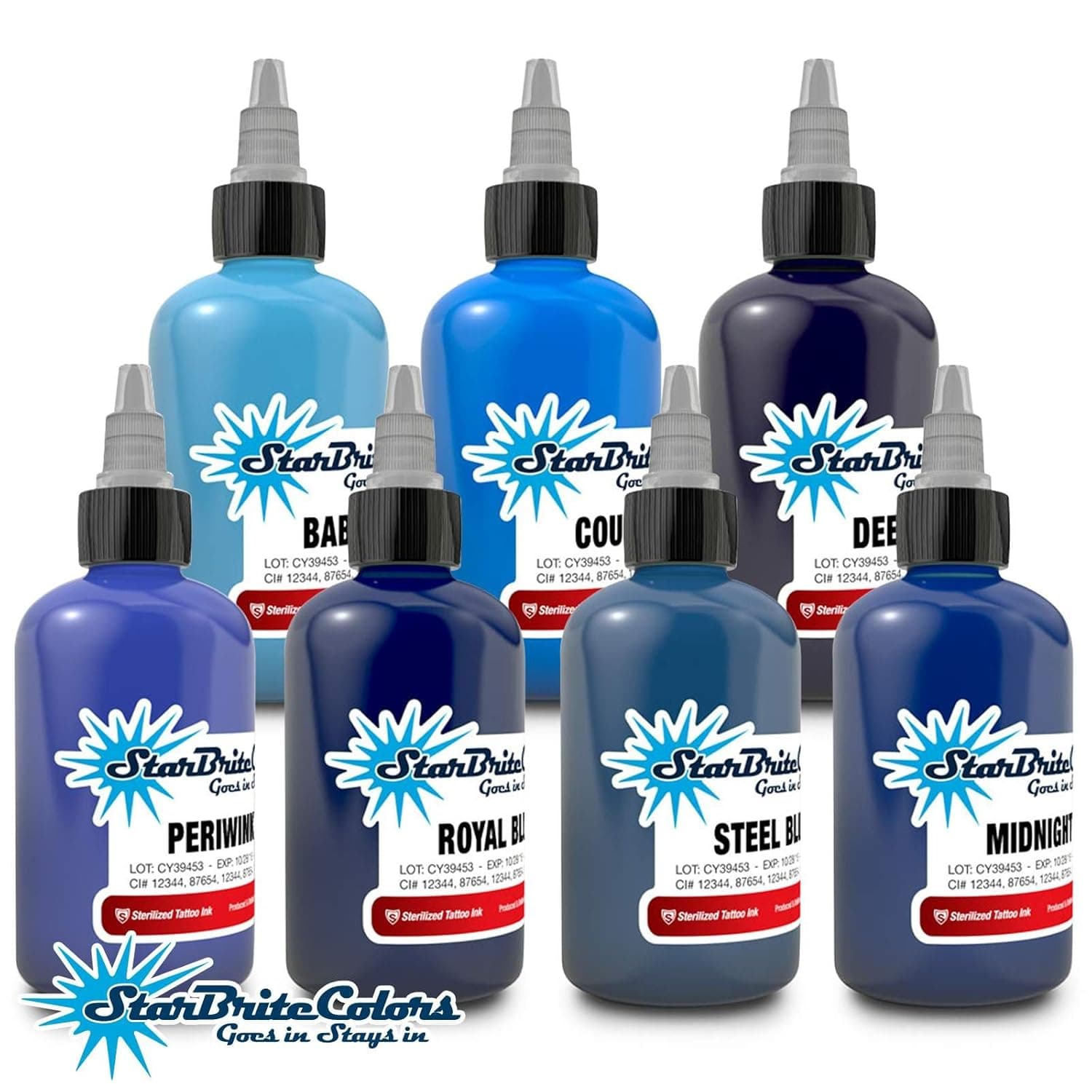 StarBrite Colors Sterilized Tattoo Ink - Blue 7 Color Set 1/2 oz