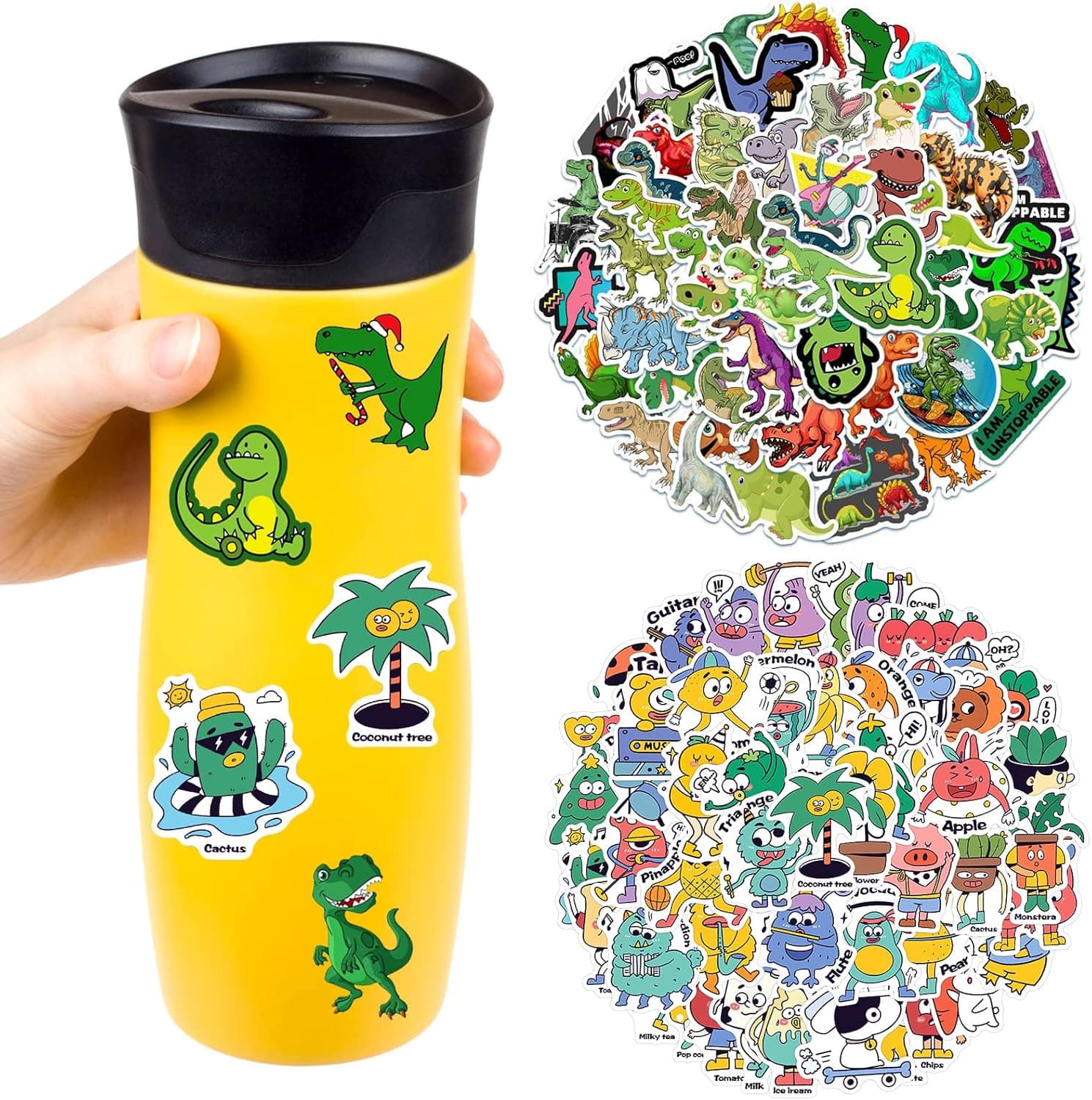 Kids Stickers for Water Bottles, OKYUK 100PCS Dinosaur Cartoon Stickers for Hydroflask Laptop Computer Phone Skateboard, Vinyl Waterproof Cute Aesthetic Stickers for Teens Girls Kids
