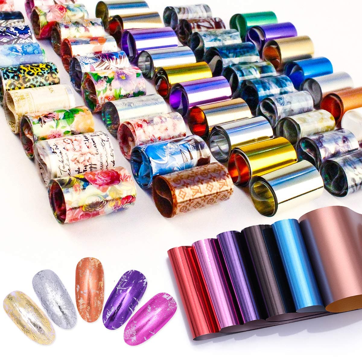 SILPECWEE 50 Sheets Starry Sky Star Foil Nail Art Transfer Stickers Tips Laser Flower Marbling Solid Color Nail Wraps Decals Manicure DIY Tools
