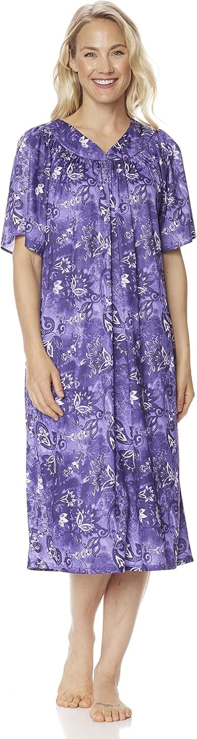 AmeriMark Women's & Women's Plus Paisley Lounge Dress- Short Sleeve Gown Sleepwear for Ladies