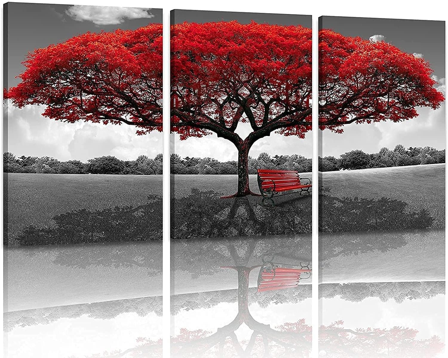 Cheery Art Canvas Red Tree Wall Art - Abstract Tree of Life Decor Black White Picture Prints Artwork - Contemporary for Living Room Decorations (12x16inx3)