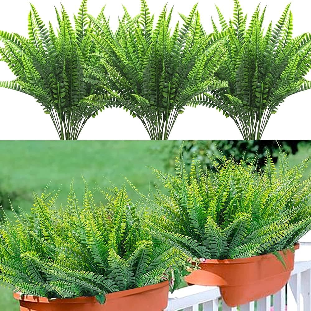 Artificial Ferns for Outdoors 8pcs Artificial Outdoor Plants Fake Fern Faux Boston Fern Greenery UV Resistant Plastic Plant (Ferns)