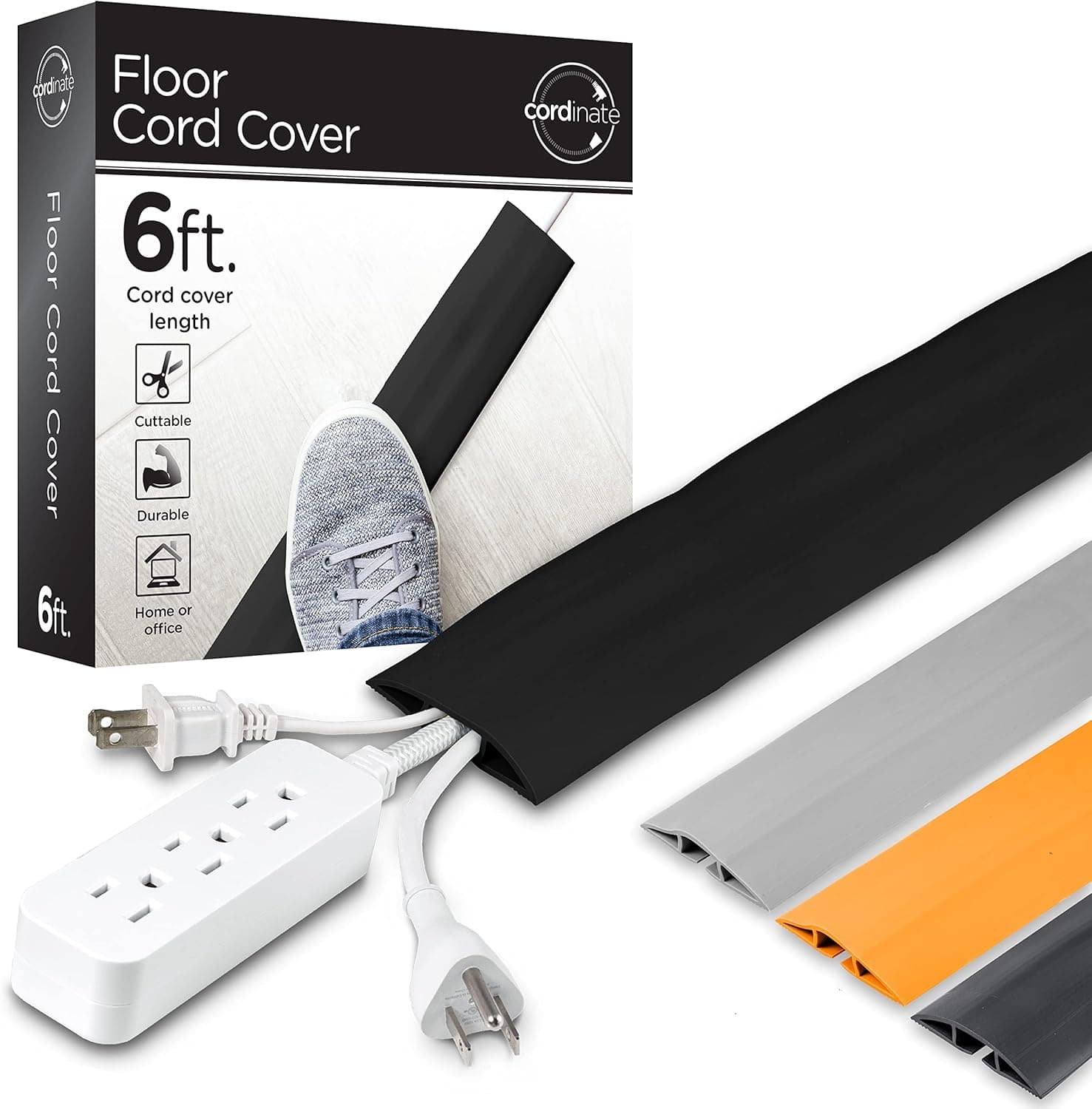 Cordinate 6 ft Cord Cover Floor, Cord Protector, Cord Management, Cord Concealer, Cable Hider and Cable Raceway, Extension Cord Cover, Black, 43003