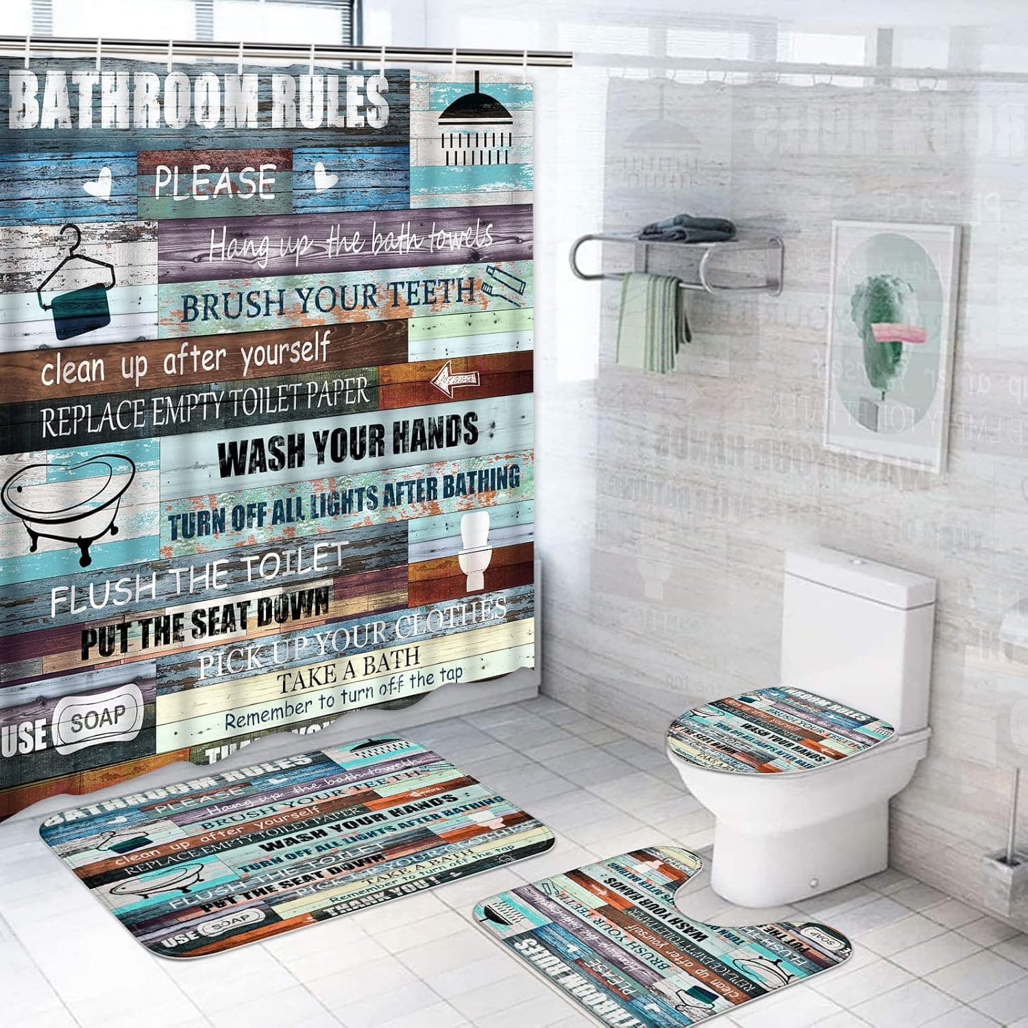 Rustic Quotes Bathroom Rules Shower Curtain Sets with Non-Slip Rug, Toilet Lid Cover and Bath Mat, Teal Inspirational Shower Curtain with 12 Hooks, Vintage Wooden Farmhouse Blue Bathroom Sets