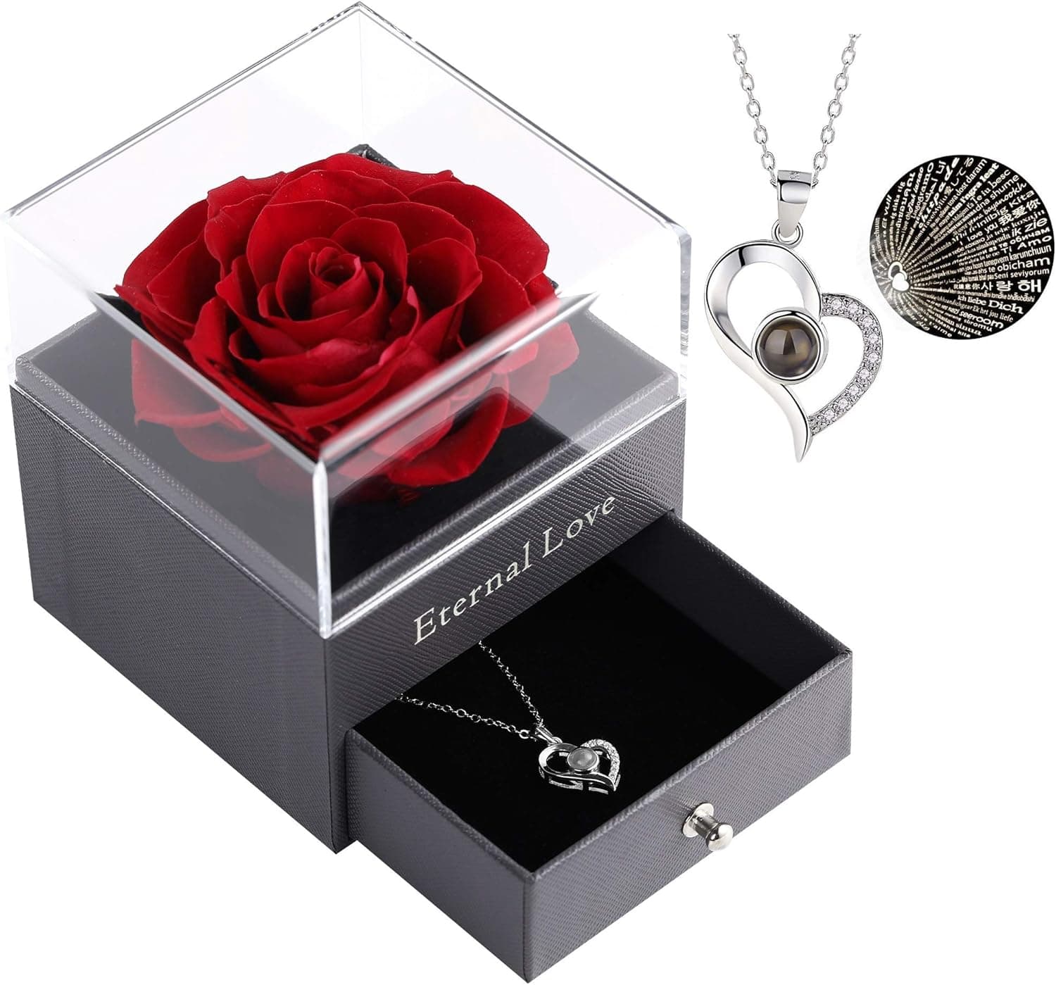 Preserved Red Real Rose Drawer with I Love You Necklace 100 Languages Gift Set, Enchanted Real Rose Flower for Valentine's Day Anniversary Wedding Romantic Gifts for her (Red2)