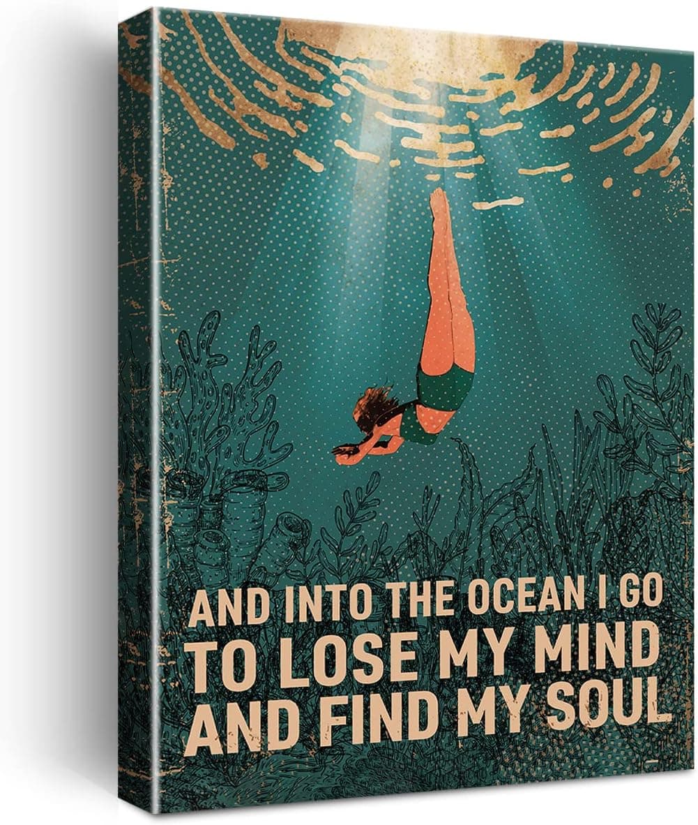 and into the Ocean I Go to Lose My Mind and Find My Soul Quote Funny Wall Art Canvas Vintage Swimming Ocean Girl Prints Framed Home Artwork Wall Decor 11.5" x 15"