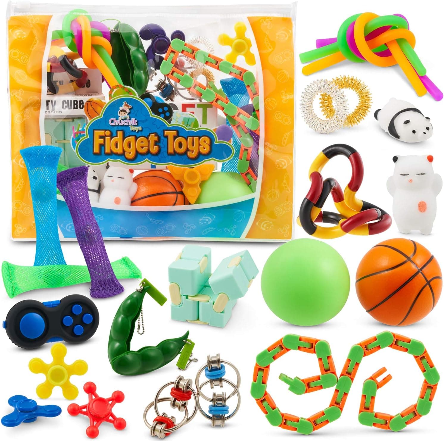 Sensory Fidget Toys 23-Pack – Stress Relief Toys for Focus & Calm – Toy Box & Party Favor Fidget Pack + Reusable Bag – Fidget Spinner, Stress Ball, Infinity Cube, Sensory Toy Rings, & More by Chuchik