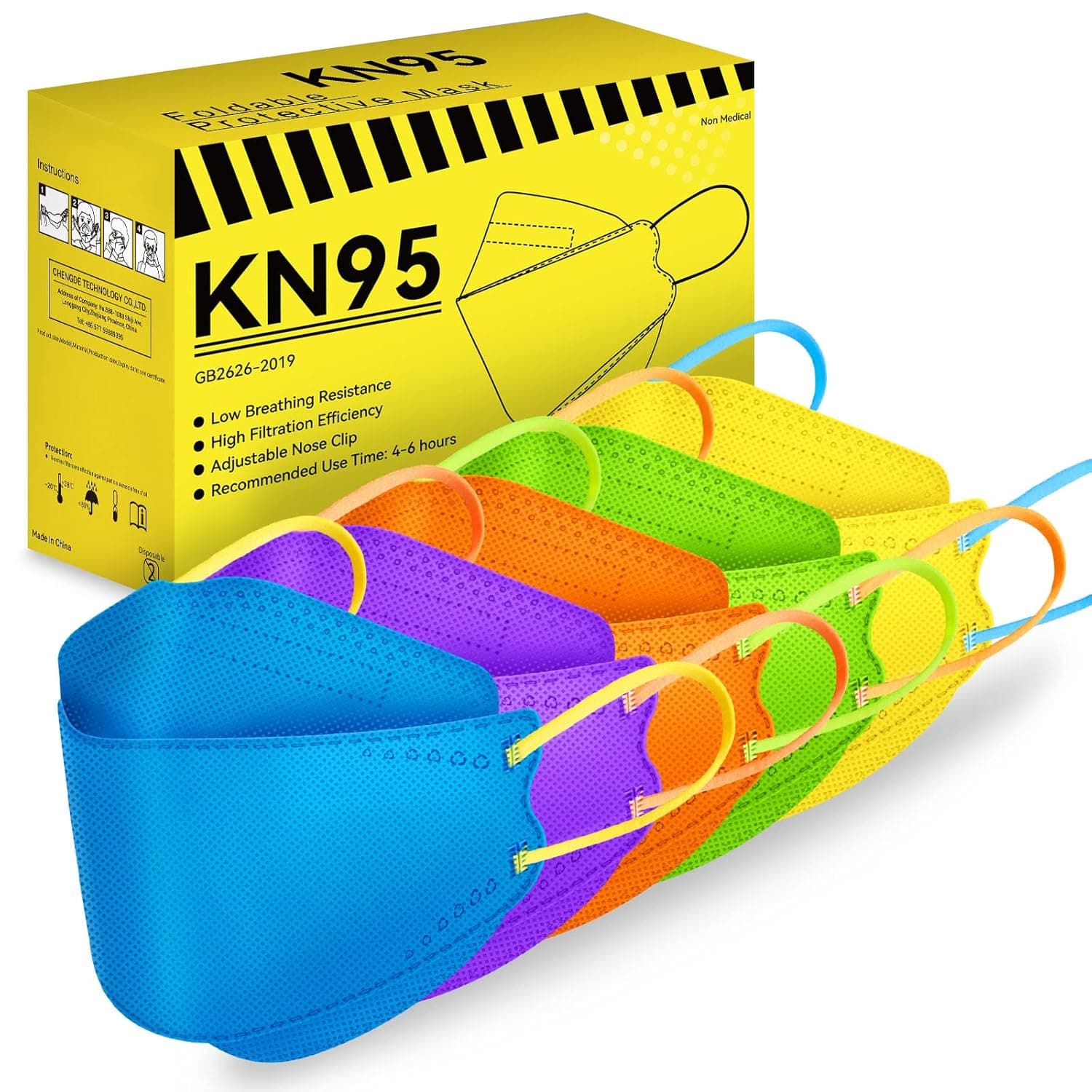 ChiSip KN95 4-Layer Face Mask 50Pcs, Disposable Protective Masks, Adult Women Men Multicolor Mask with Elastic Earloop, Comfortable Fish-Type Dust Safety Masks