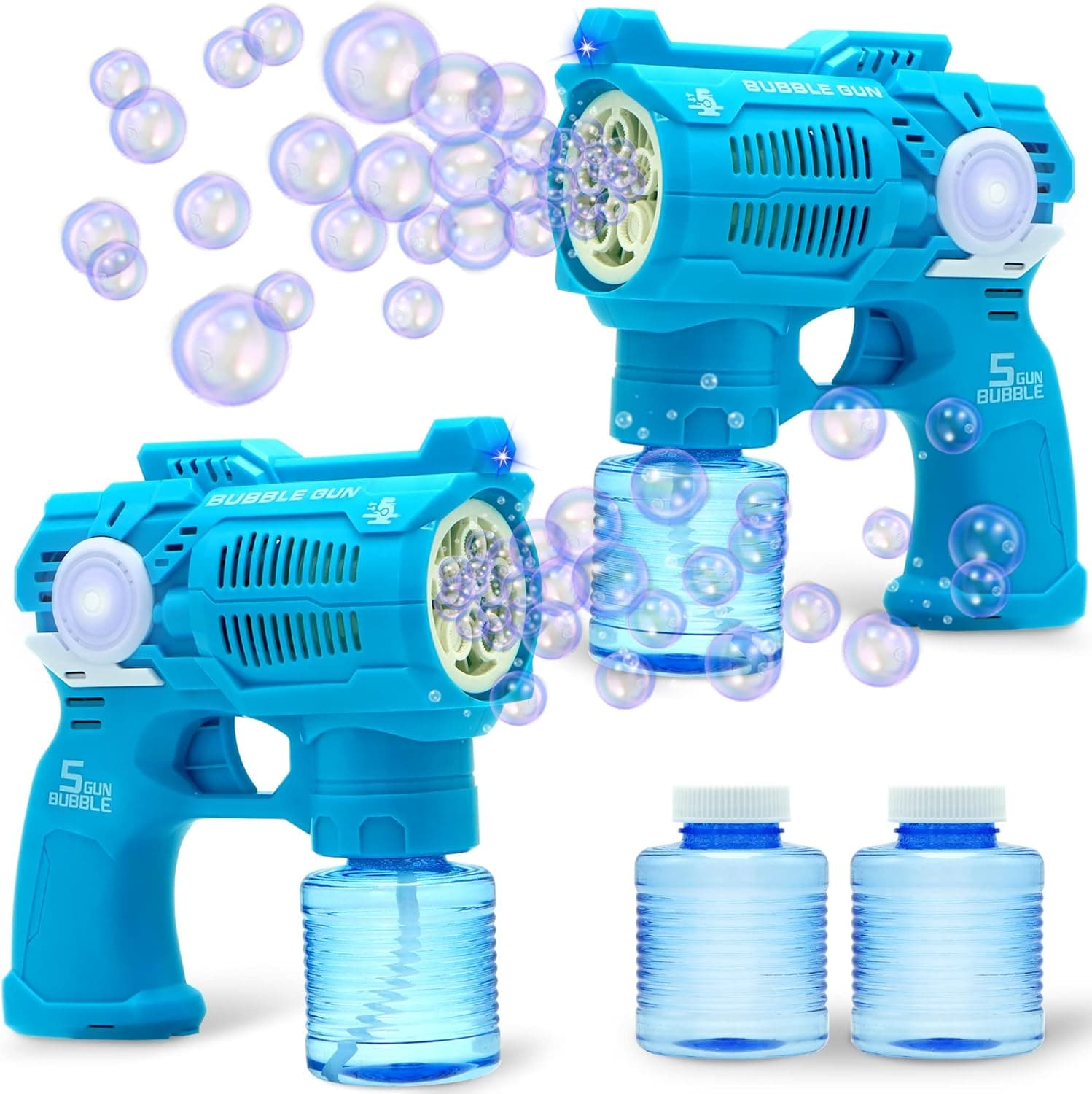 JOYIN 2 Bubble Guns with Light and Music, Bubble Blower Toys with 2 Bubble Solution(100ml) for Kids, Bubble Maker and Blower for Party Favors, Birthday Gift, Indoor and Outdoor Summer Play Toys
