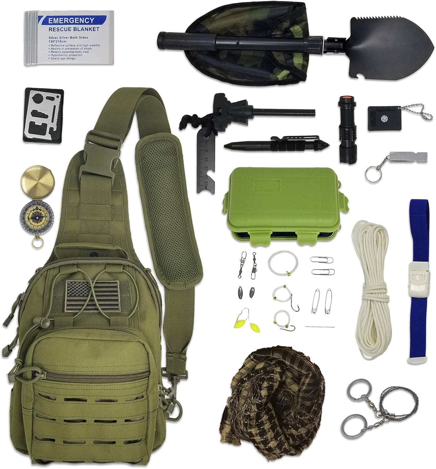 Bug Out Bag Survival Kit - Tactical Sling Bag with Emergency Gear, Hiking Fishing Backpack Tackle Bag Mini Daypack