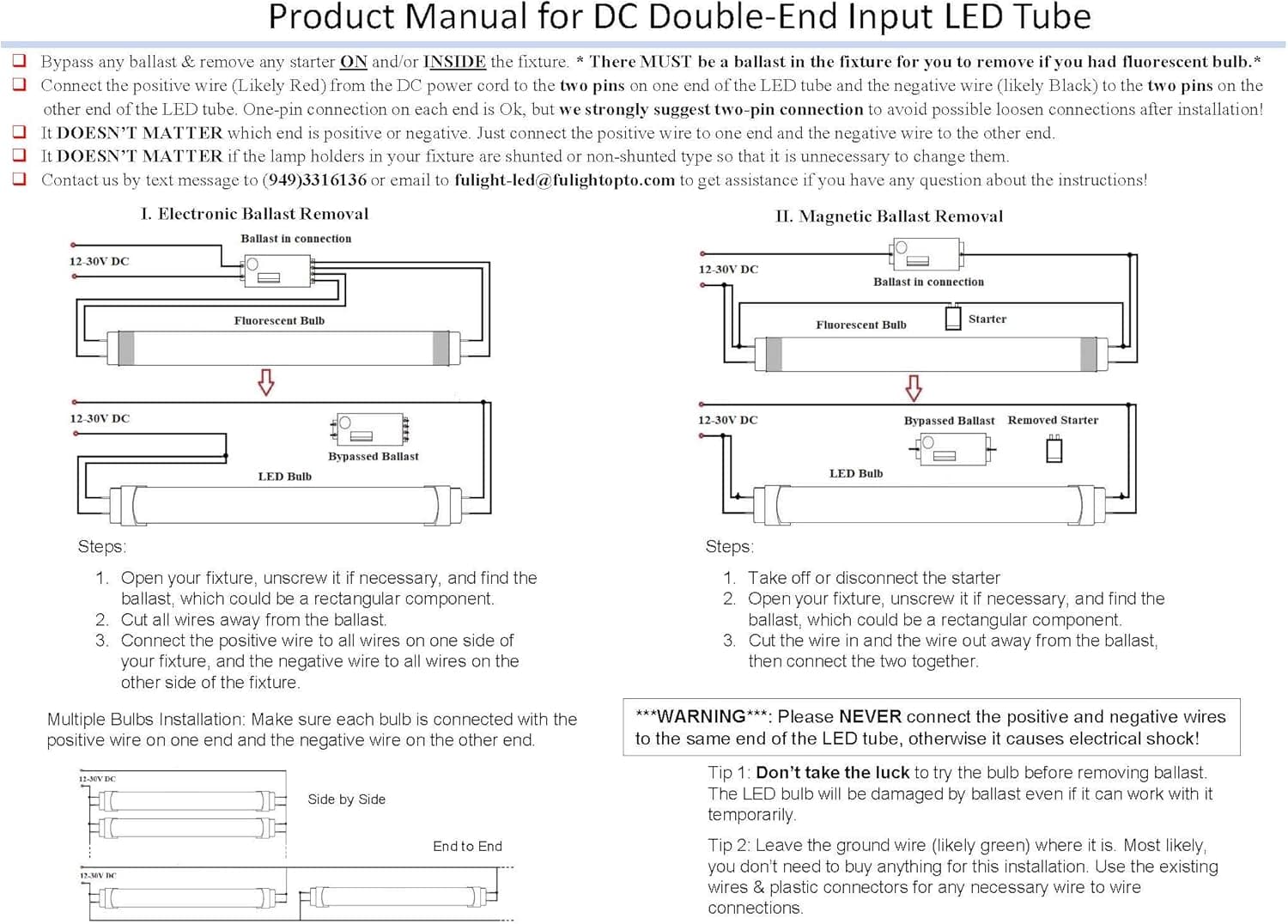 Fulight 12-30V DC LED F15T8 Tube Light (Rotatable) -18-Inch (17-3/4 Inches Actual Length) 1.5FT 7W (15W Equivalent), Daylight 6000K, Double-End Powered, Frosted Cover - for RV