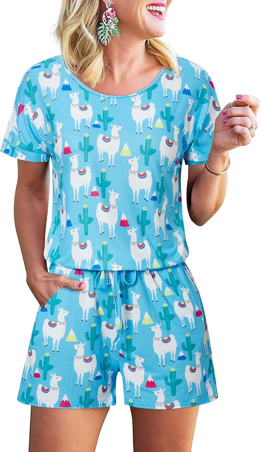 RAISEVERN Womens Rompers Casual Short Sleeve Crewneck Short Jumpsuit Cute White Alpaca Green Cactus Hawaiian Tropical Summer Jumpers Beach Loose Playsuit with Pockets XL