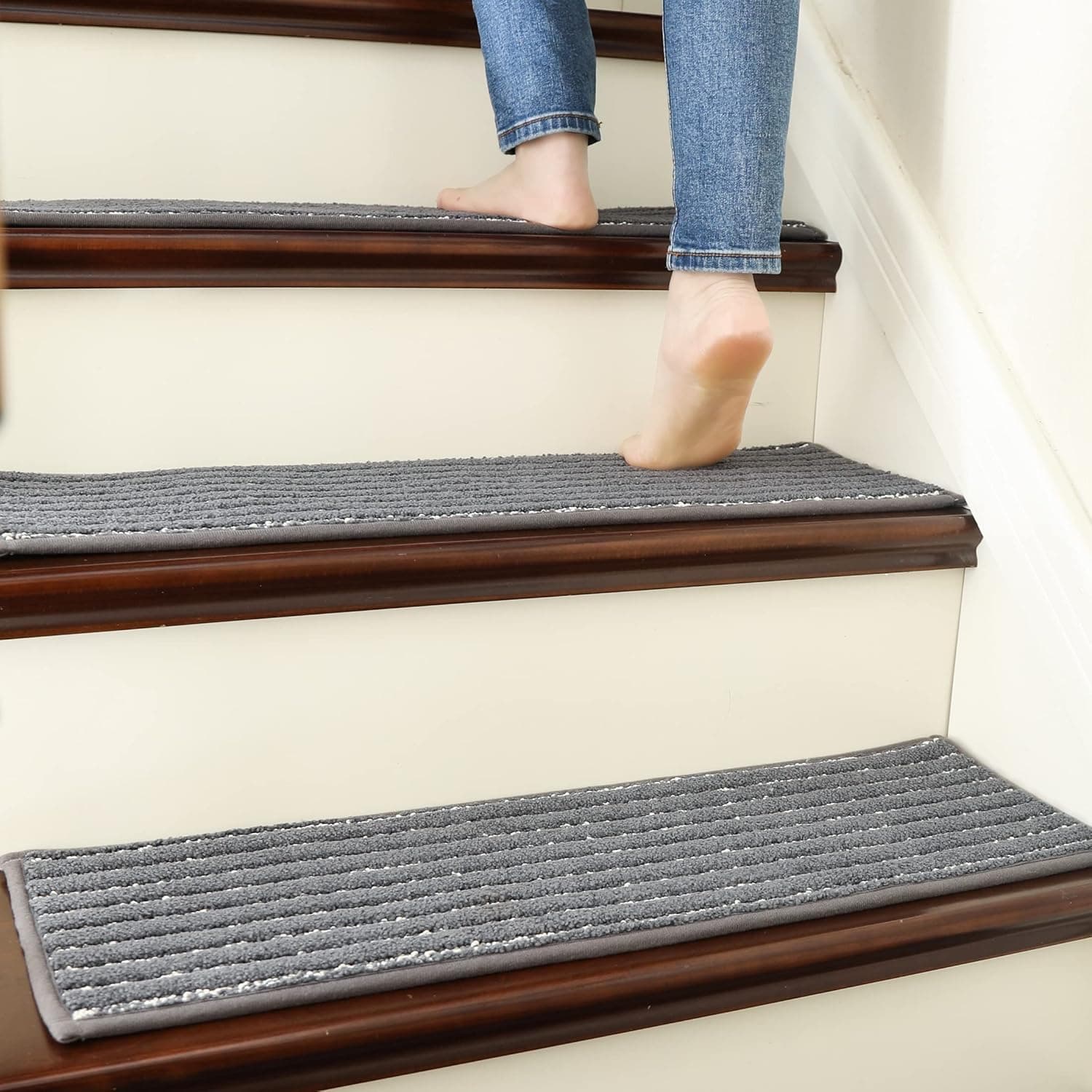 COSY HOMEER Edging Soft Stair Treads Non-Slip Carpet Mat 28inX9in Indoor Stair Runners Mat for Wooden Steps,Edging Stair Rugs for Kids and Dogs, 100% Polyester TPE Backing 15pcs,Dark Grey