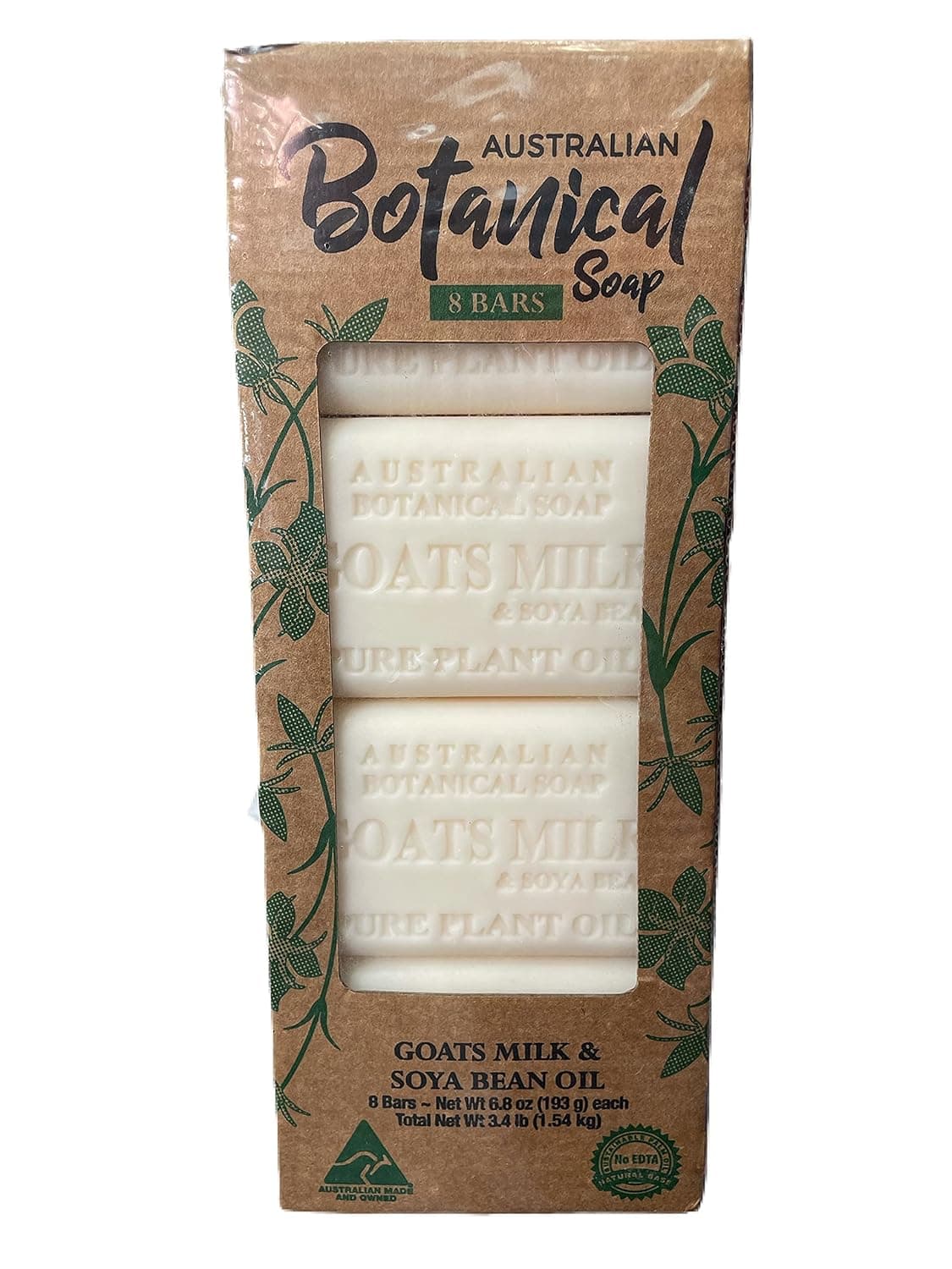 Australian Botanical Soap Bars , Goats Milk , Soya Bean Oil , 8 Bars, Net Wt. 3.4 lb,White,6.8 Ounce