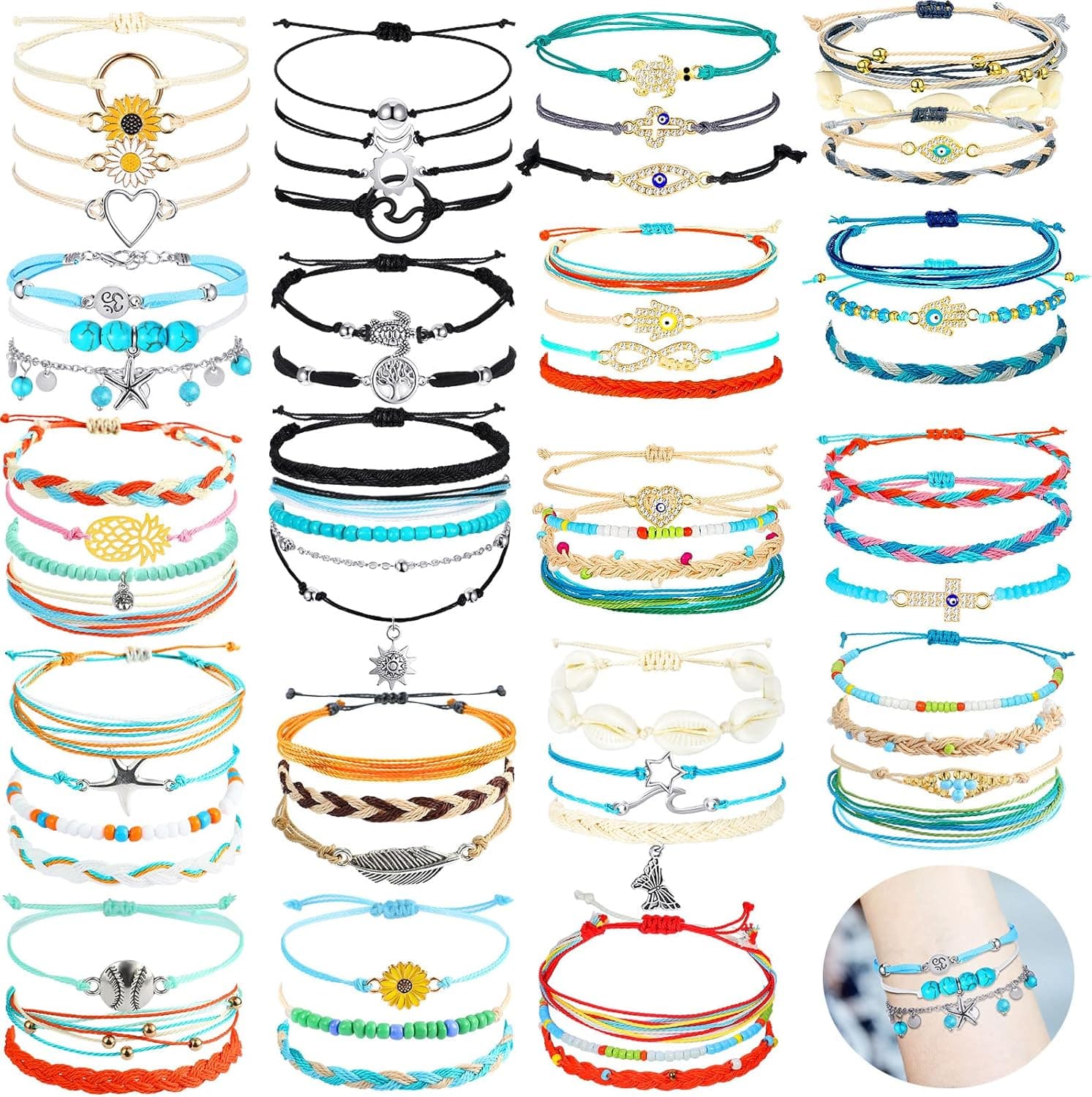 66 Pieces Surfer Wave Friendship Bracelets for Teens Girls Braided Handmade Ocean Bracelets Sunflower Aesthetic String Boho Adjustable Bracelets Jewelry Accessories for Women Men Gifts (Cute Style)
