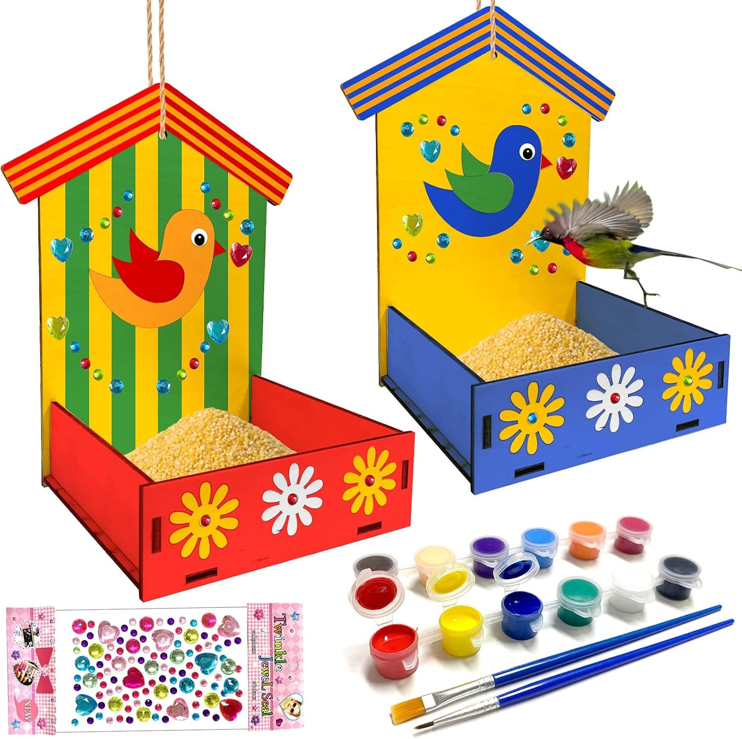 Kids Arts and Craftd Bird Feeders, 2 Pack DIY Wooden Paint Kits Toy for Boy Girls Age 3-5 4-8 8-12, Painting Kit Outdoor Bird House with Stickers Crafts Toys Gift