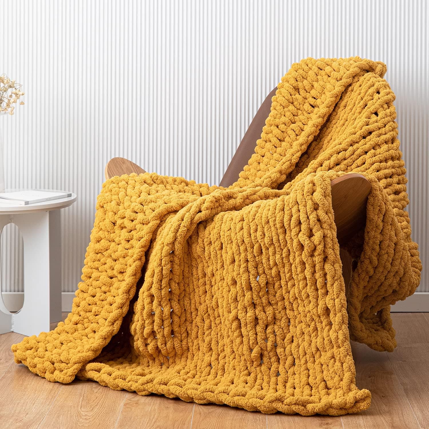 Chunky Knit Blanket Cozy Chenille Throws - 51"x63" -Warm Soft Handmade Knitted Throw Blankets for Couch,Bed,Sofa,Chair,Boho Home Decor (Mustard Yellow)
