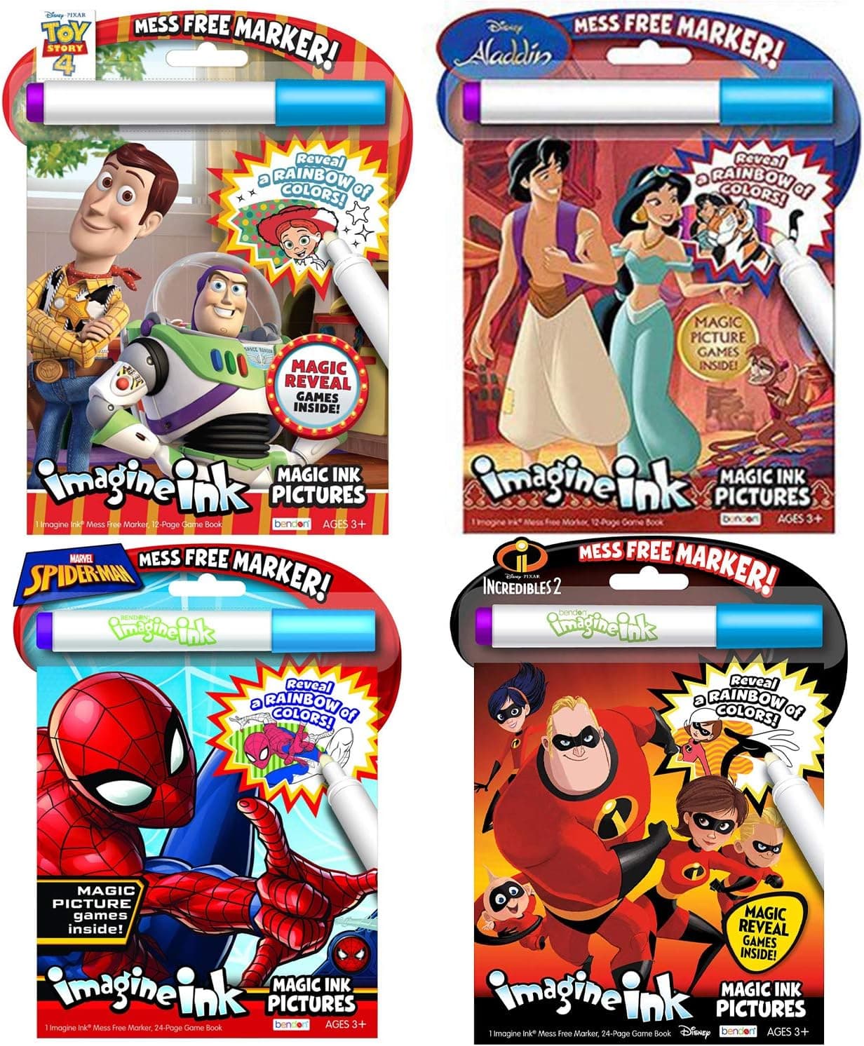 Disney PIXAR No Mess Activity and Coloring Book 4 Pack: Toy Story, Aladdin, The Incredibles, and Spiderman