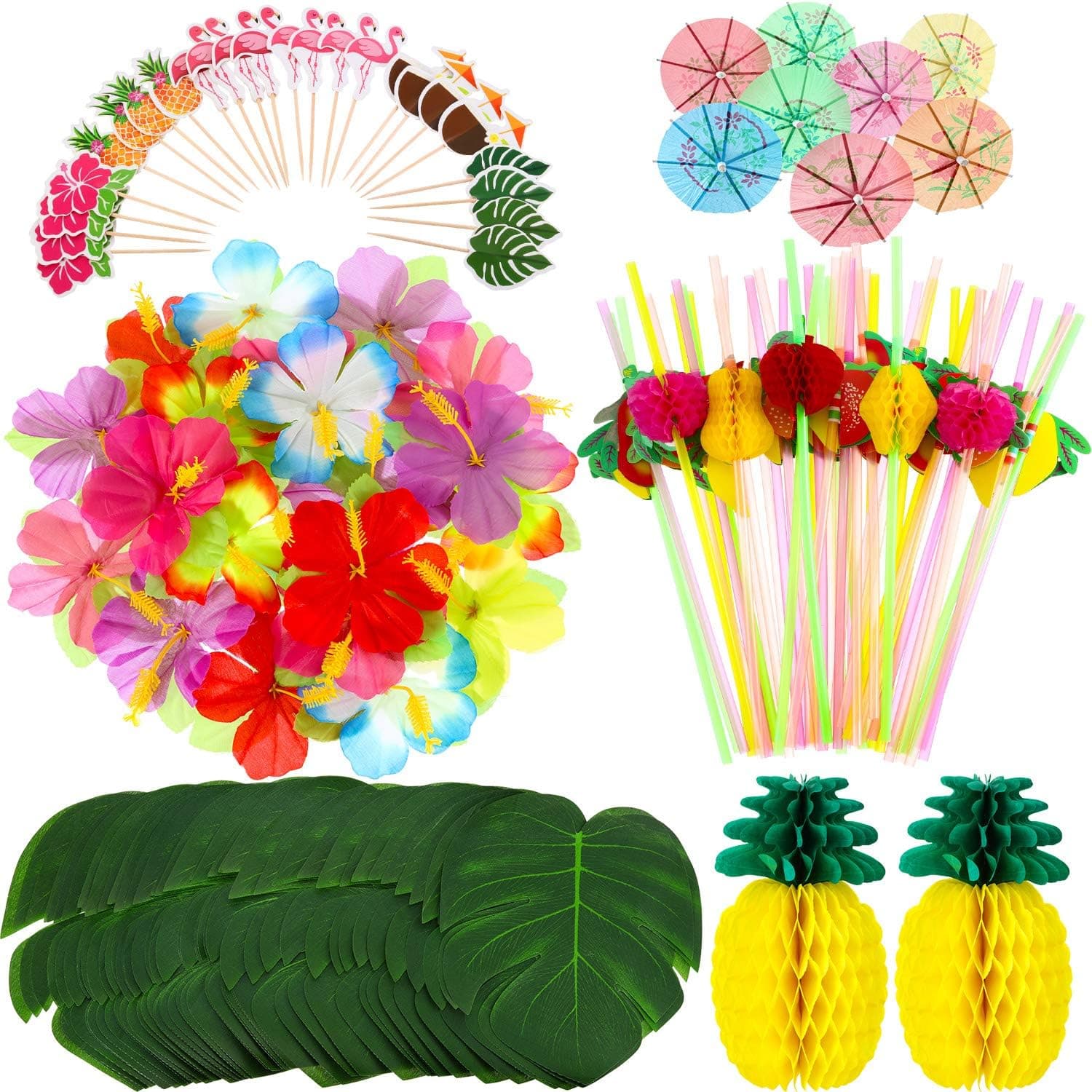 198 Pieces Hawaiian Party Decorations Set Including 2 Tissue Paper Pineapples 24 Tropical Palm Leaves 24 Hibiscus Flowers 48 Flamingo Cupcake Toppers 50 Colorful Umbrella and 50 3D Fruit Straws