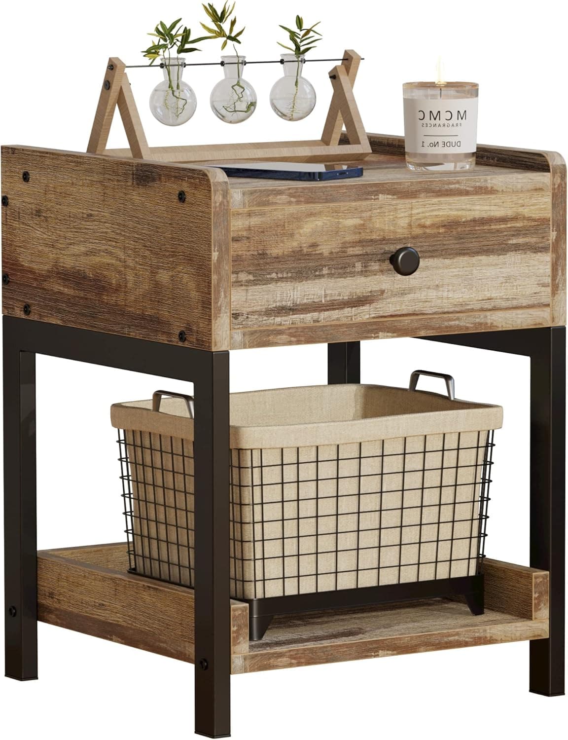 LIKIMIO Small Side End Table, Nightstand with Storage Drawer and Shelf for Bedroom and Living Room, Easy Assembly, Stable and Sturdy, Rustic Brown
