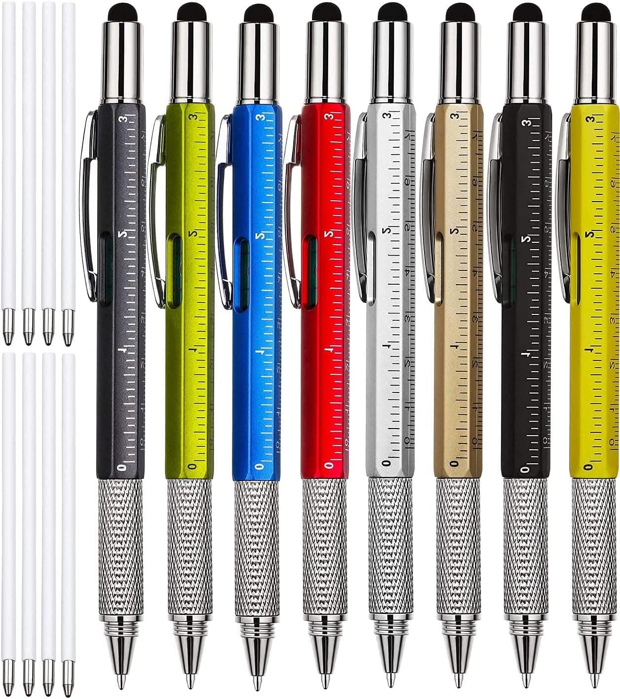 zhinan 8 Pieces 6 in 1 Multitool Tech Tool Pen Gift tool Pen, Phillips Screwdriver, Slotted Screwdriver, Ballpoint Pen, Stylus pen, Bubble Level and Ruler, Unique Gifts for Men Dad Worker (Multi-color), , , ,