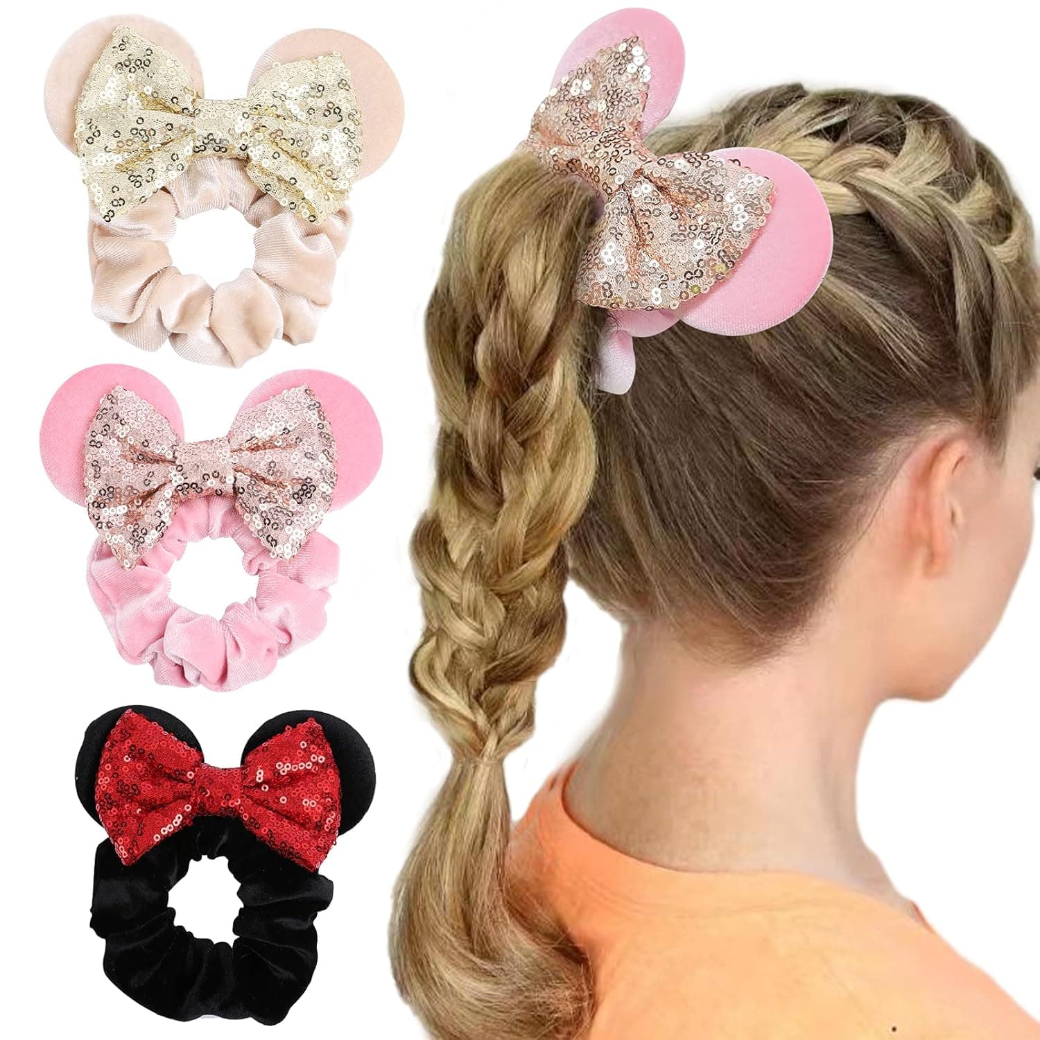 3Pcs Hair Scrunchies Mouse Ears Bows Scrunchies,Sequin Bows Velvet Elastic Rubber Hair Accessories,Ropes Ponytail Holder Hair Ties,Shower Headband Sparkle Bow Hair Band for Women Girl-Black+Ivory+Pink