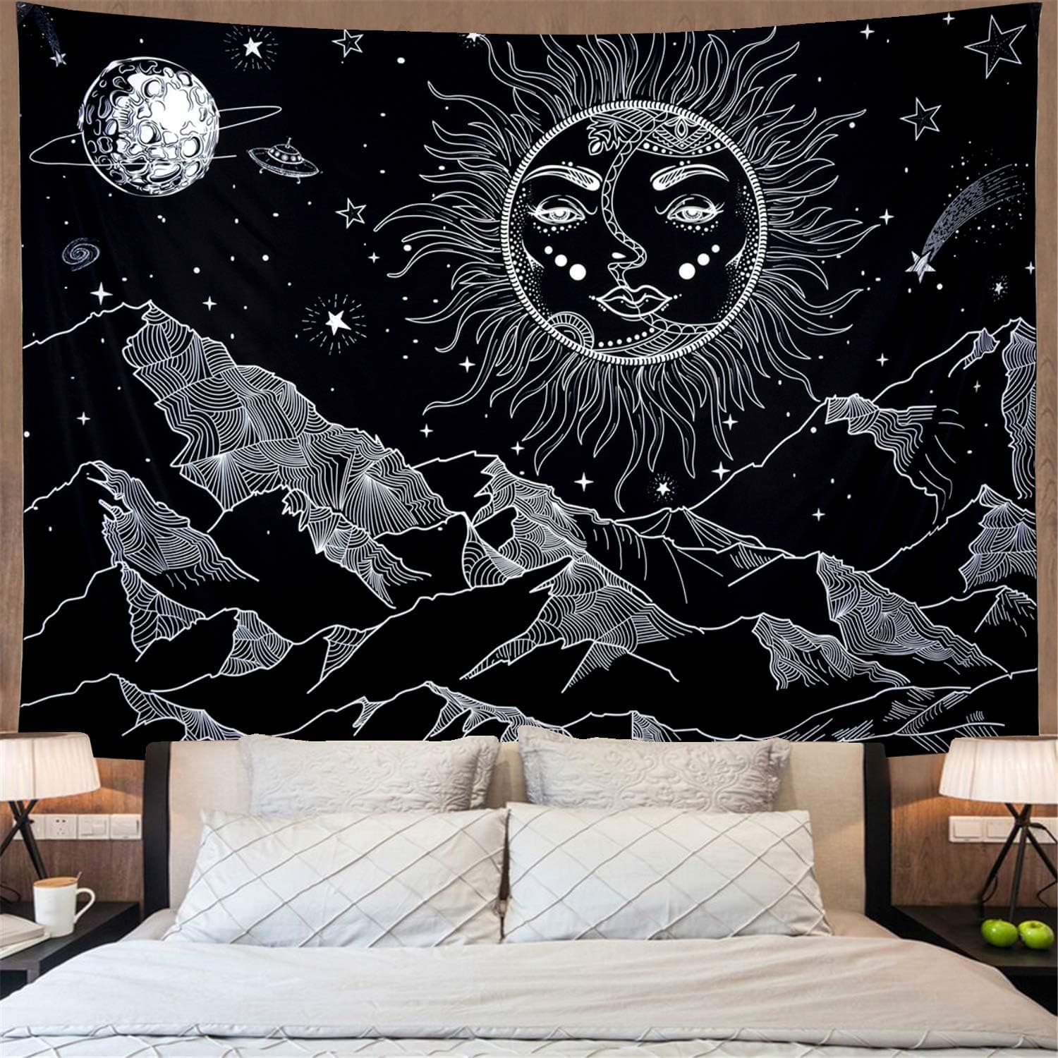 Amonercvita Black and White Tapestry Burning Sun Tapestry Mountain Tapestry Psychedelic Moon Stars Tapestry Wall Hanging for Bedroom H51×W59