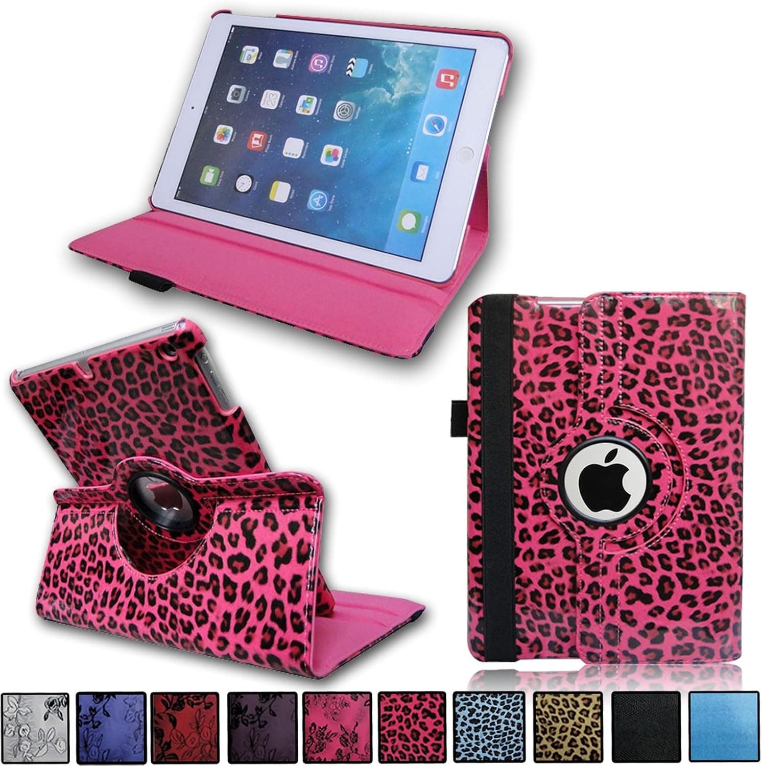 PREMIUM QUALITY PU LEATHER WITH MICROFIBER INNER PROTECTIVE CASE COVER with Built-in 360° Rotating Stand Wake Up/Sleep Function FOR APPLE iPad Air (not for iPad Air 2)!!! Leopard Rose Pink!