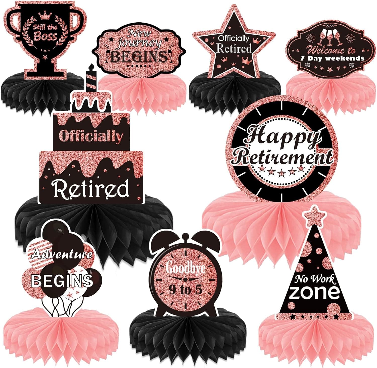 9PCS Retirement Party Decorations Rose Gold Retirement Party Centerpiece Honeycomb Glitter Table Toppers for Happy Retirement Party Supplies for Women