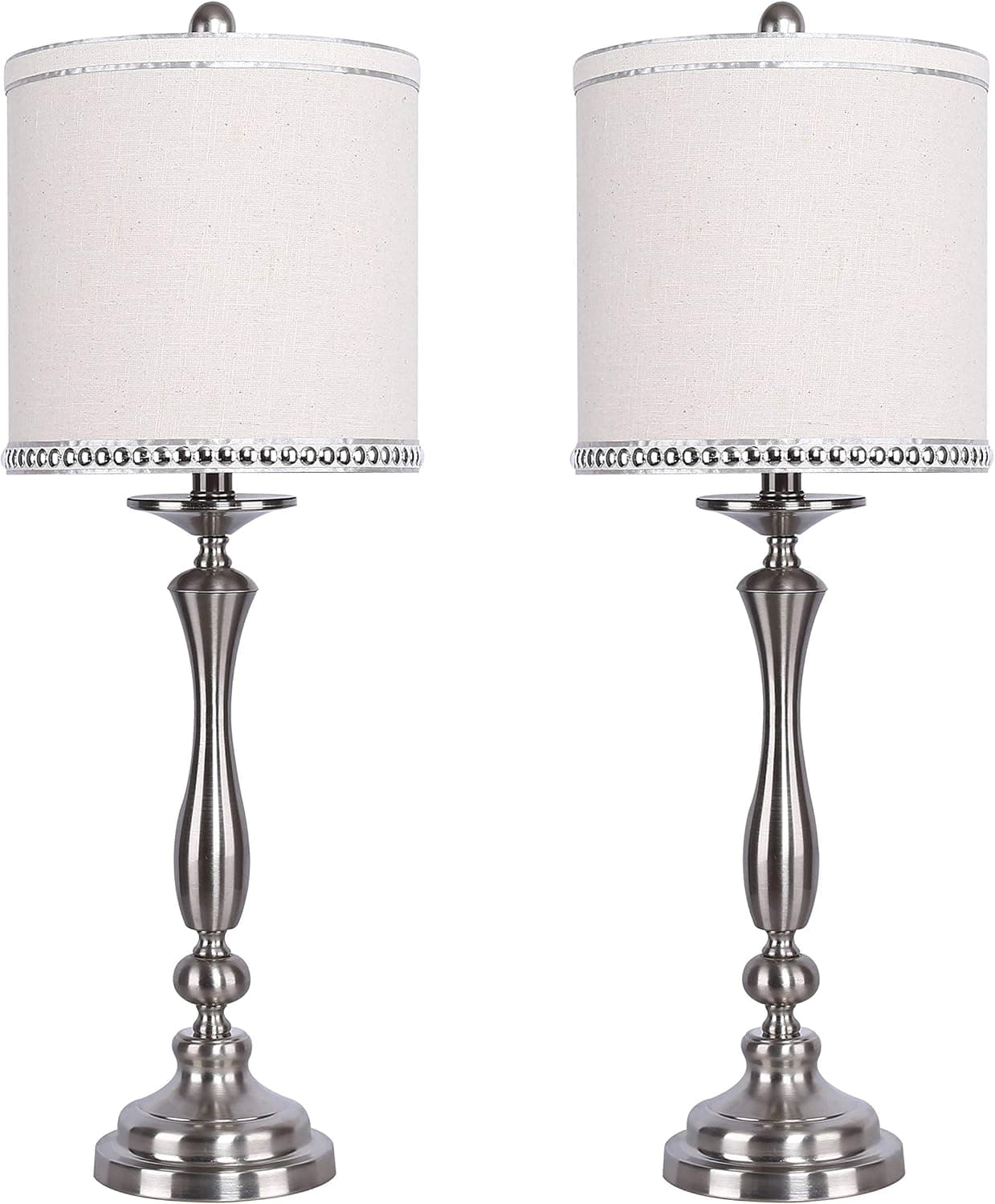 Grandview Gallery 29" Modern Brushed Nickel Metal Table Lamp Set ft. Balustrade Design and Natural Linen Shades with Silver Silk-Edged Chrome Nailhead Trim - Glam Lighting for Any Room (Set of 2)