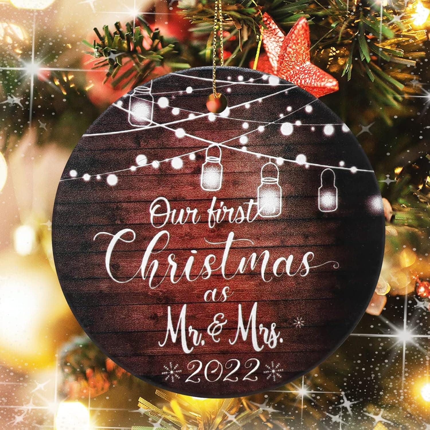Our First Christmas Married Wedding Ornament 2022 As Newlyweds Wedding Ornament, Mr and Mrs 2022 First Christmas Wedding/Engagement Ornament Unique Couples Wedding Gifts(Brown-Light)