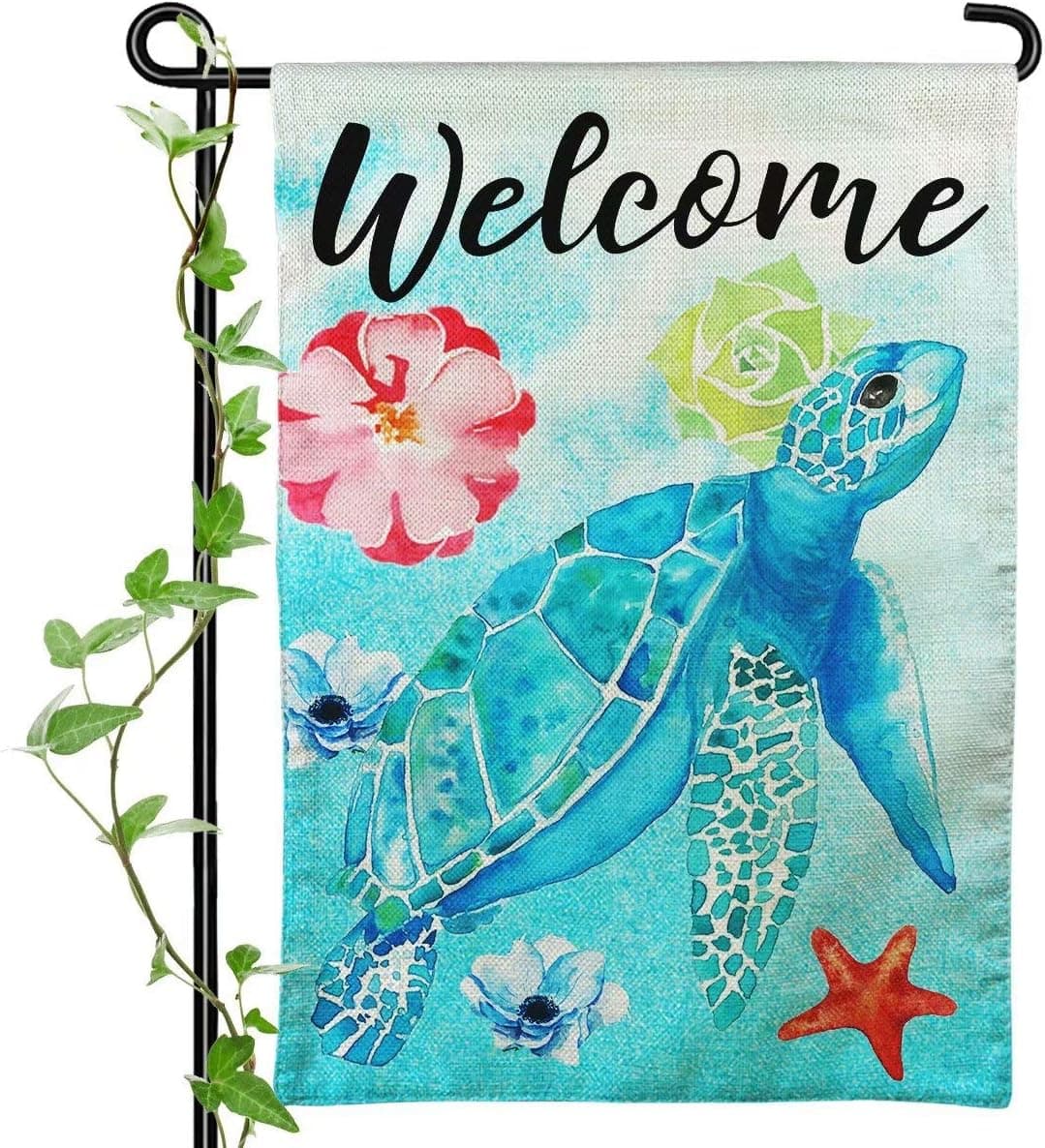 Cokosoxo Welcome Garden Flag - Sea Turtle - Vertical Double Sided Seasonal Tropical Ocean House Holidays Yard Flag Rustic Coastal Outdoor Lawn Patio Decoration 12 x 18 Inches