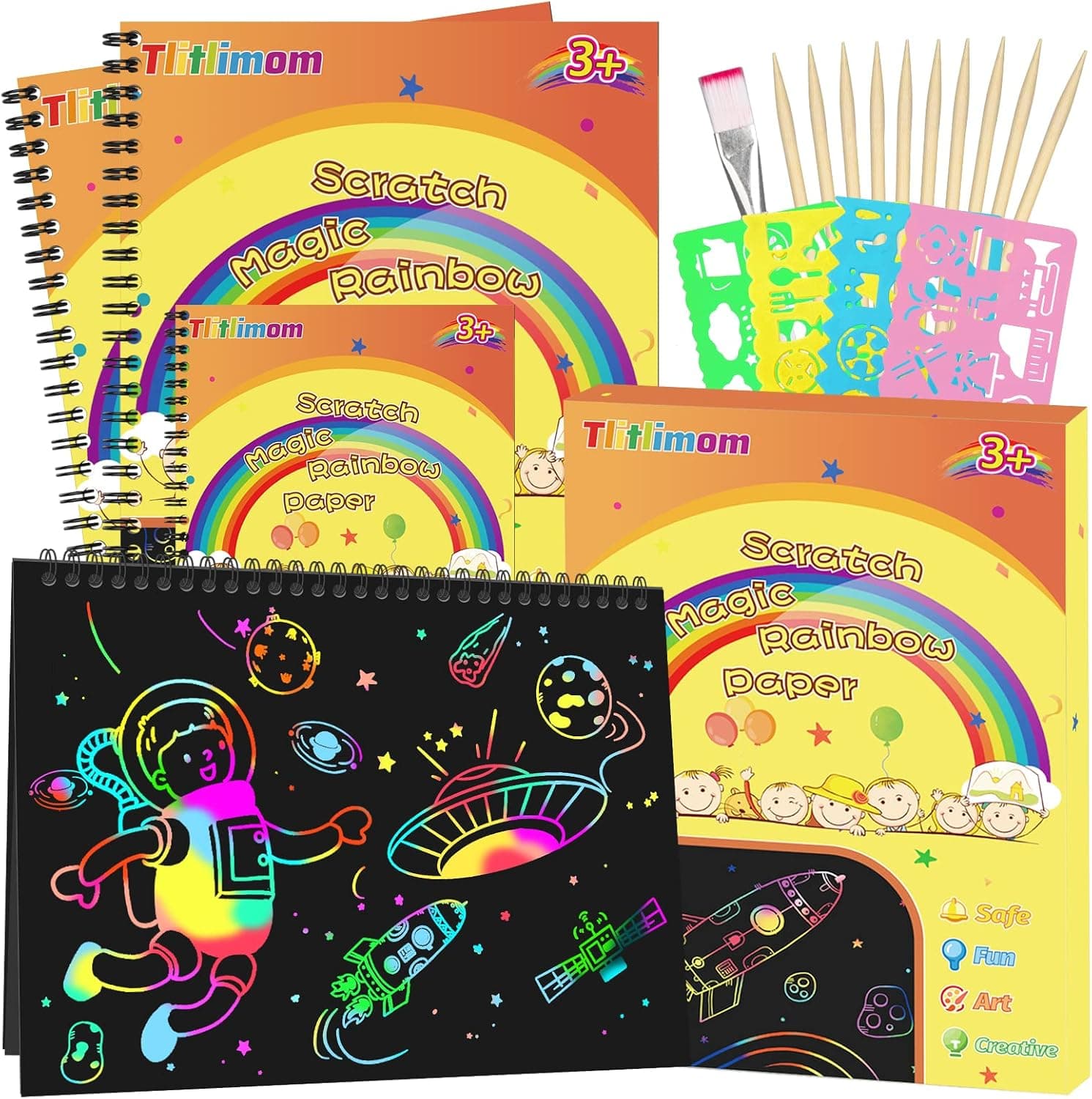 Scratch Rainbow Paper Art Notebooks 3 Pack, Scratch Off Art Set for Kids Activity Coloring Book Drawing Pad Art Craft Supplies Kits for Girls Boys Birthday Present Party Christmas Toys Gift