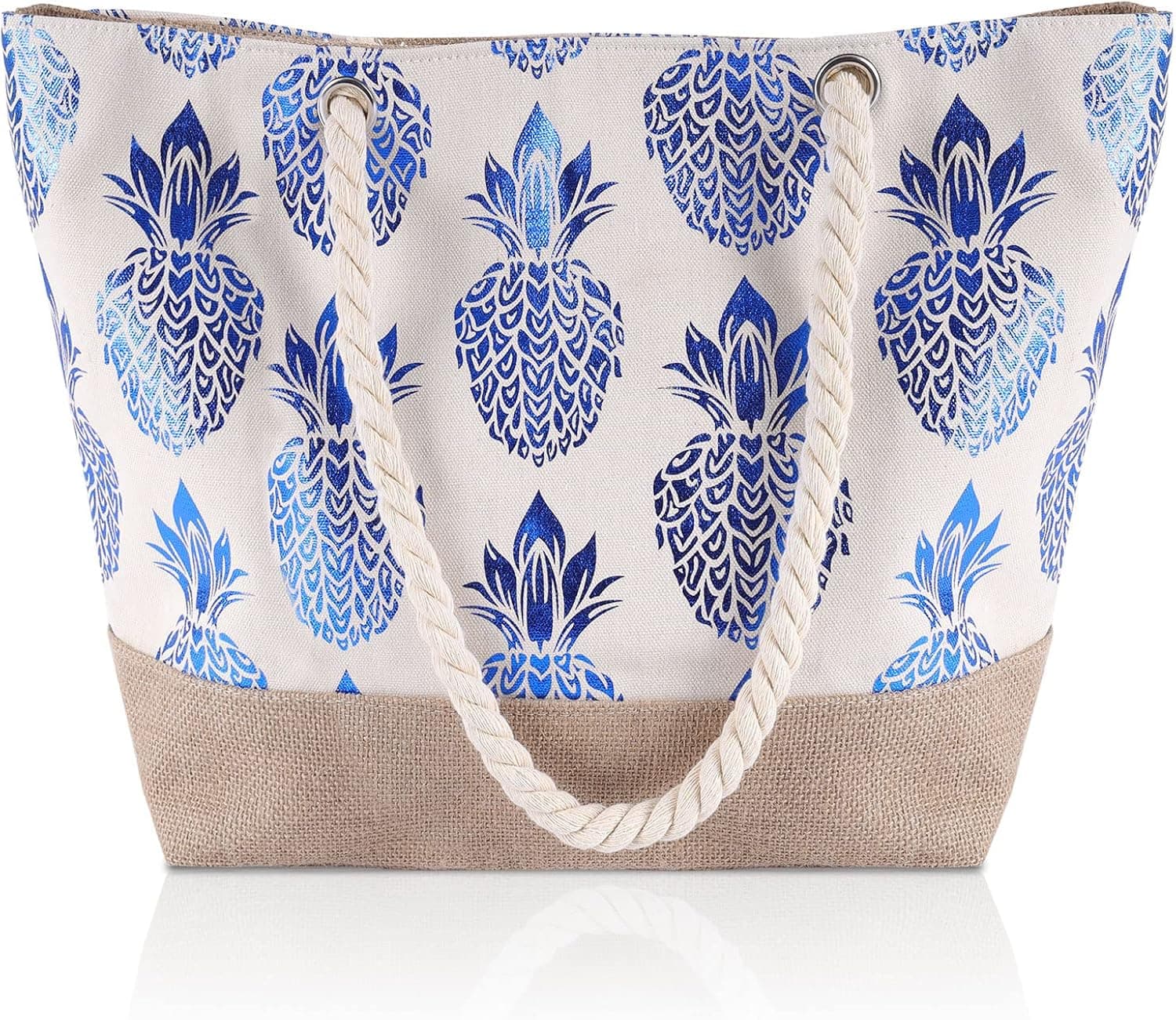NymphFable Tropical Durable Beach Bag Inner Waterproof Blue Pineapple Grocery Shopping Bags Fashionable Travel Tote Bags with Jute Burlap Bottom