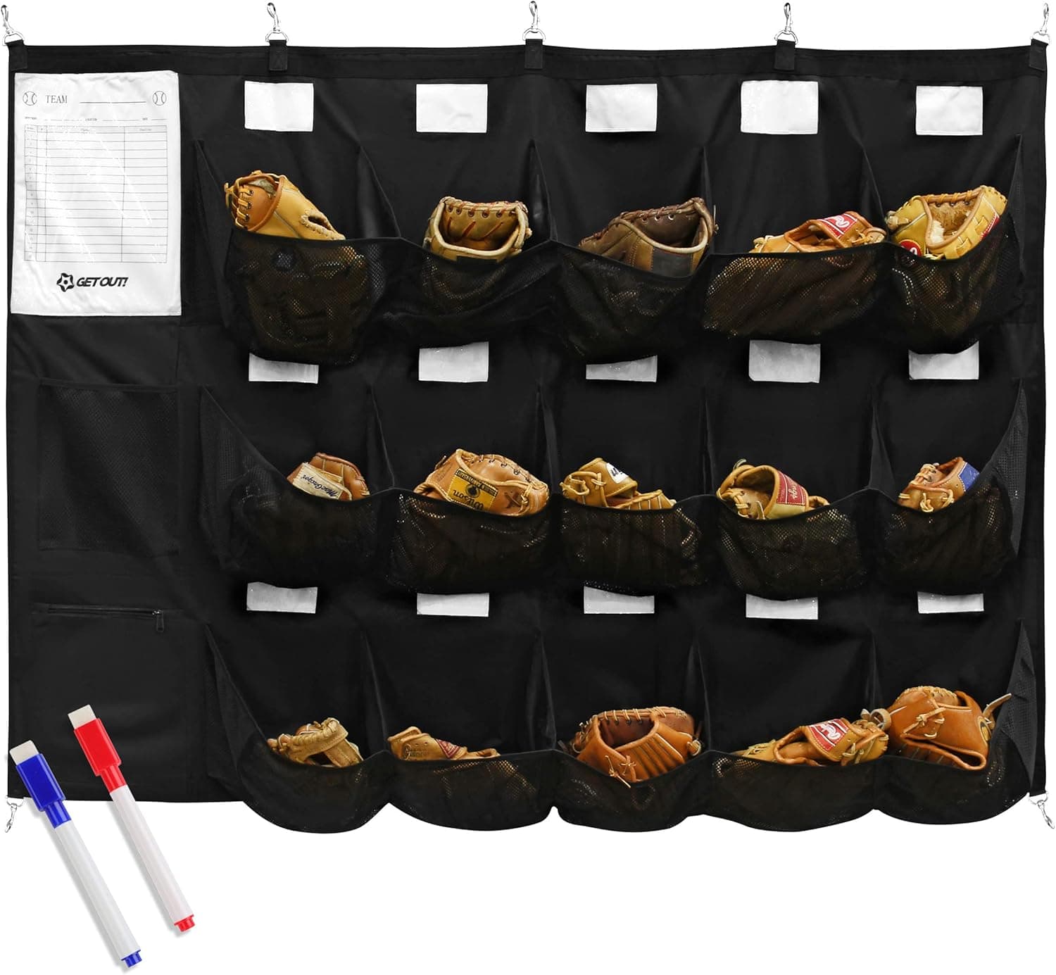 Get Out! Baseball Helmet Organizer, Baseball Team Lineup Form Dugout Organizer - 15 Pocket Glove and Helmet Storage with Bag Hooks and Name Tag Slots