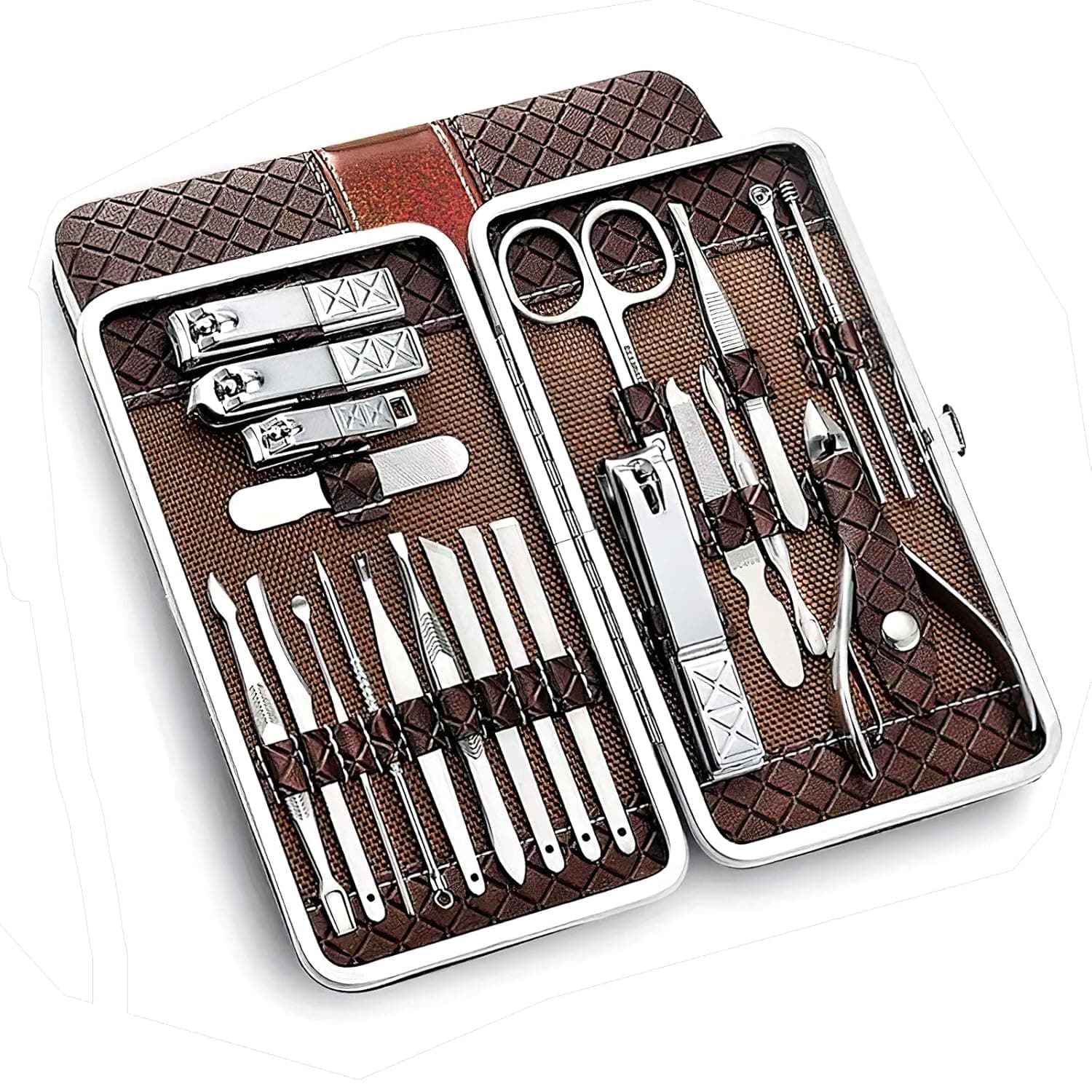 GreenLife Nail Clippers Set, 21pcs Stainless Steel Manicure Pedicure kit, Ear Pick Foot Care Hard Care Nail Scissors file Eyebrow tweezers Acne needle set with Leather Case for Travel or Home, Brown