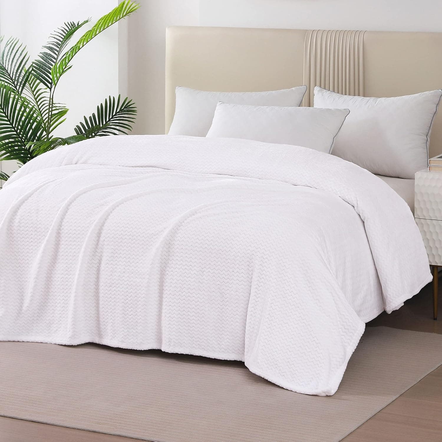 Whale Flotilla Ultra Breathable Jacquard Lightweight Fleece King Size Bed Blanket(90x104 Inch) with Plush Wave Pattern, Soft and Cozy Blanket for All Season, White
