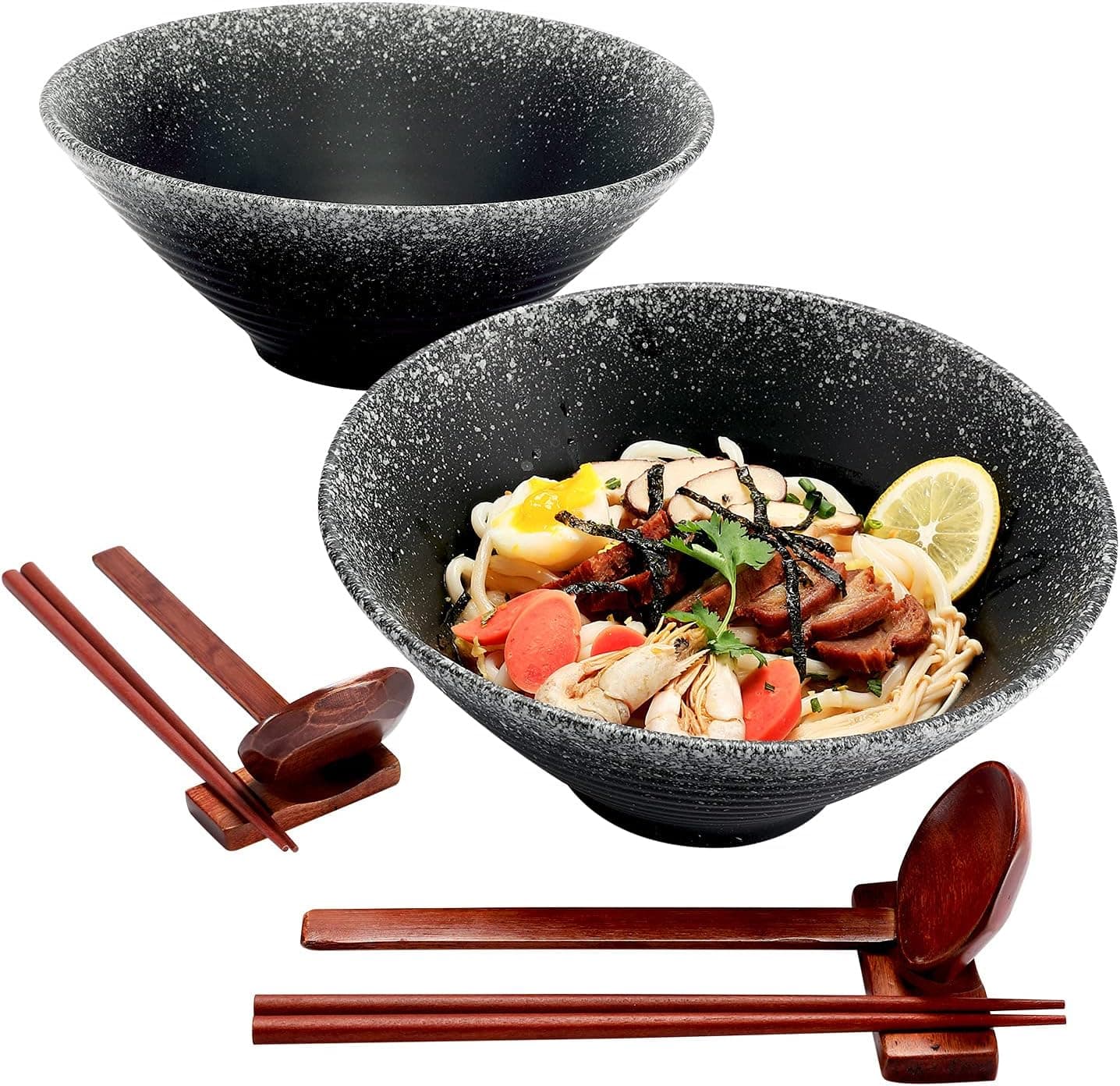 VUDECO Black Ceramic Japanese Ramen Bowl Set, 50oz Large Ramen Bowls with Chopsticks, Spoons and Chopstick Rests – Kitchen Bowl for Ramen, Pho, Salad, Poke, Soup, Udon Noodles, Cereal, Microwavable