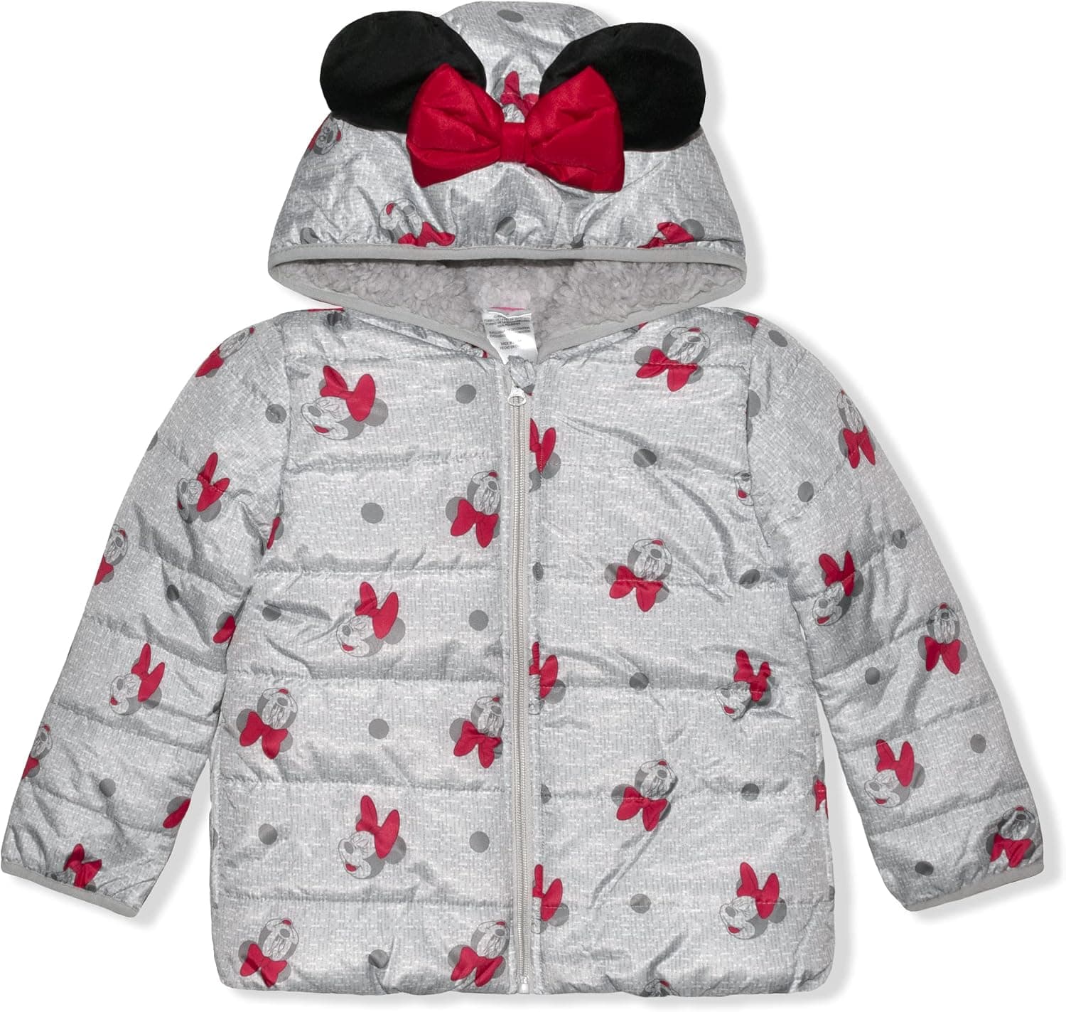 Disney Girl's Minnie Mouse Print Hooded Puffer Jacket with Ears and Bow