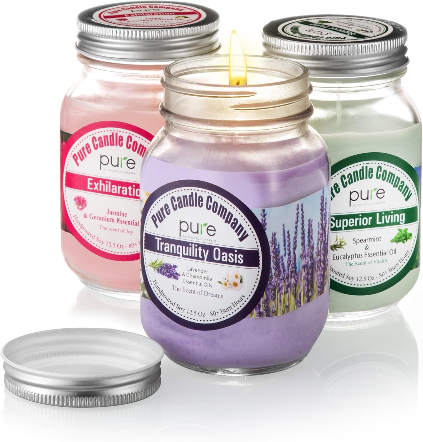 Pure Soy Wax Aromatherapy Scented Candle. 3 Pack Jasmine, Lavender & Spearmint Essential Oil Soy Candles, Home Fragrance, Natural Scented Candle in Mason Jar, Vegan Oraganic
