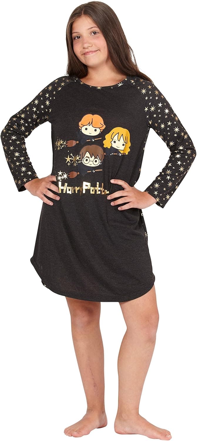 HARRY POTTER Hermione Chibi Charms Logo House Crest Raglan Pajama Gown, Black, 18/20