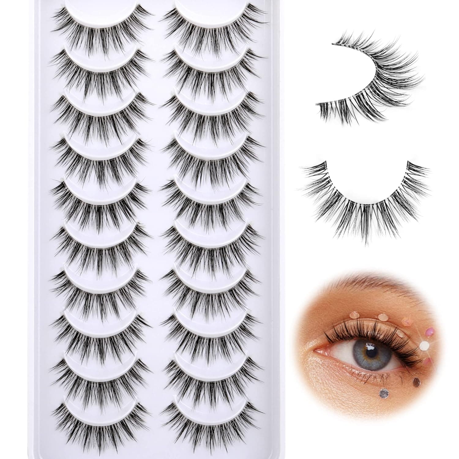False Eyelashes Wispy Clear Band Lashes Natural Look Manga Eye Lashes that Look Like Individual Clusters Eyelash Faux Mink Soft Lashes Pack 10 Pairs by Eefofnn