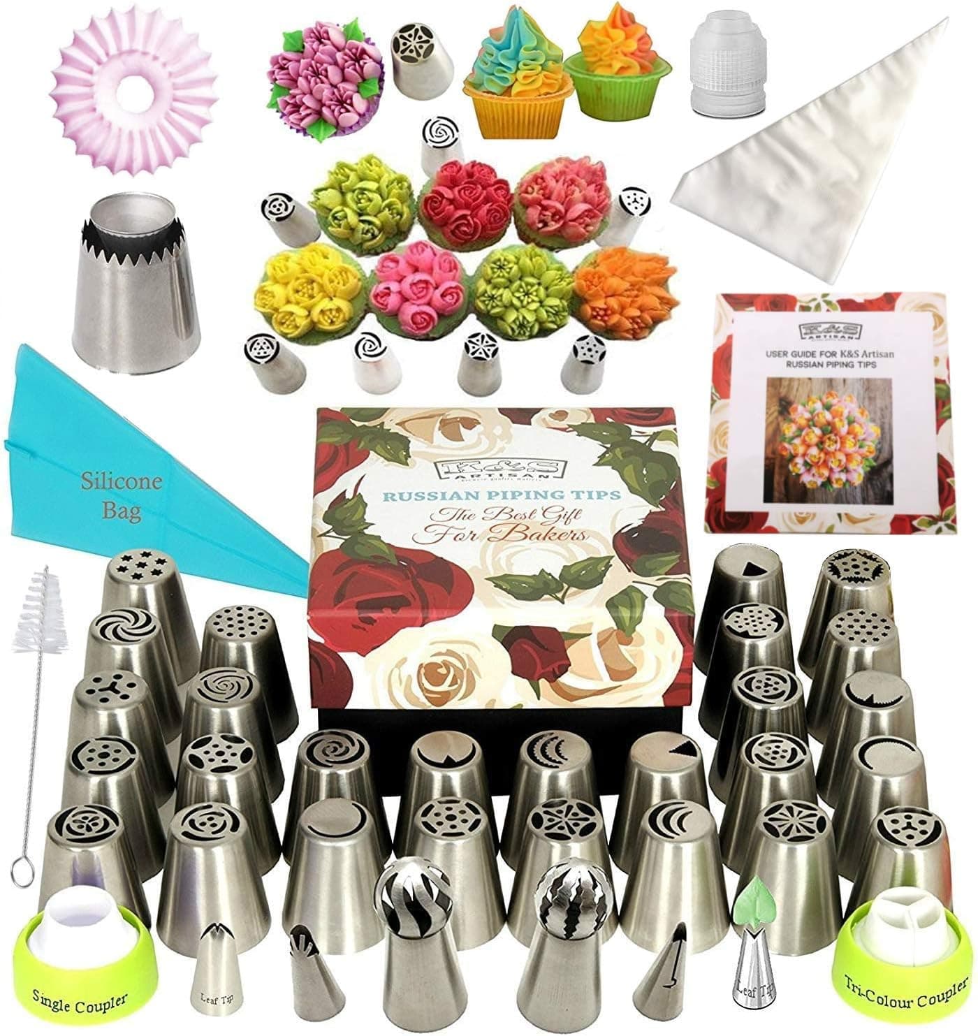 K&S Artisan Russian Piping Tips Deluxe Cake Decorating Supplies 69 Genuine Baking Supplies Set- 34 Icing Piping Tips 2 Ball Tips 2 Leaf Tips 30 Frosting Bag 3 Couplers Large Cupcake Decorating Kit