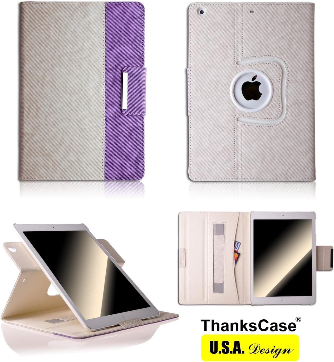 Thankscase iPad Air Rotating Case Cover (Not Fit iPad Air 2) with Wallet and Pocket with Hand Strap with Smart Cover Function for iPad Air iPad 5. (White+purple)