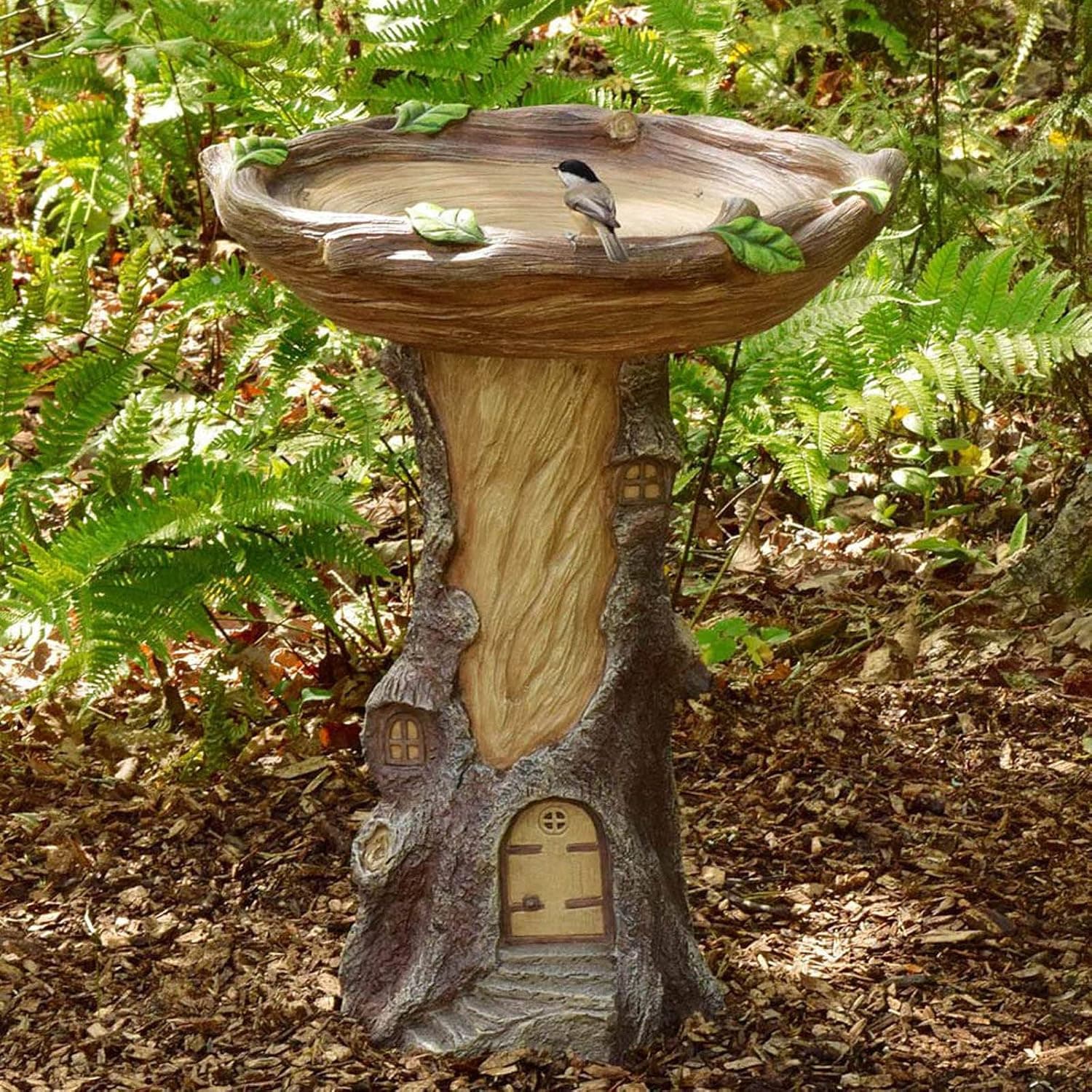 LYEAA Fairy House Bird Bath for Outside with a Tree Stump, Handmade Wild Bird Feeder and Birdbath Bowls for Indoor and Outdoor, Resin Garden Yard Lawn Backyard Landscape Decoration
