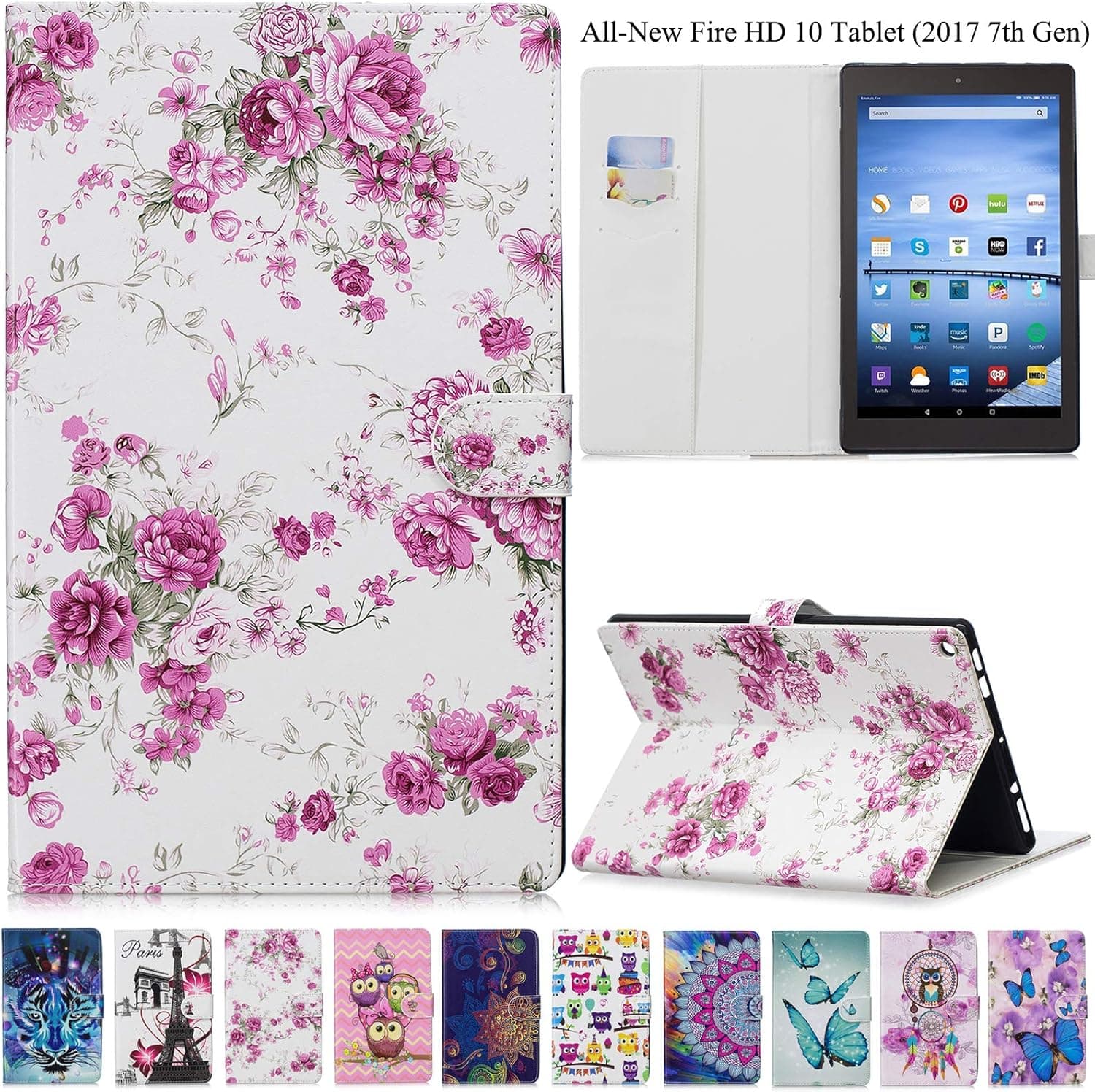 Artyond Case for Kindle Fire HD 10,PU Leather Card Slot Case with Auto Wake/Sleep Smart Folio Stand Case for Kindle Fire HD 10 Tablet (9th/7th/5th Generation,2019/2017/2015 Release), Rose Flower