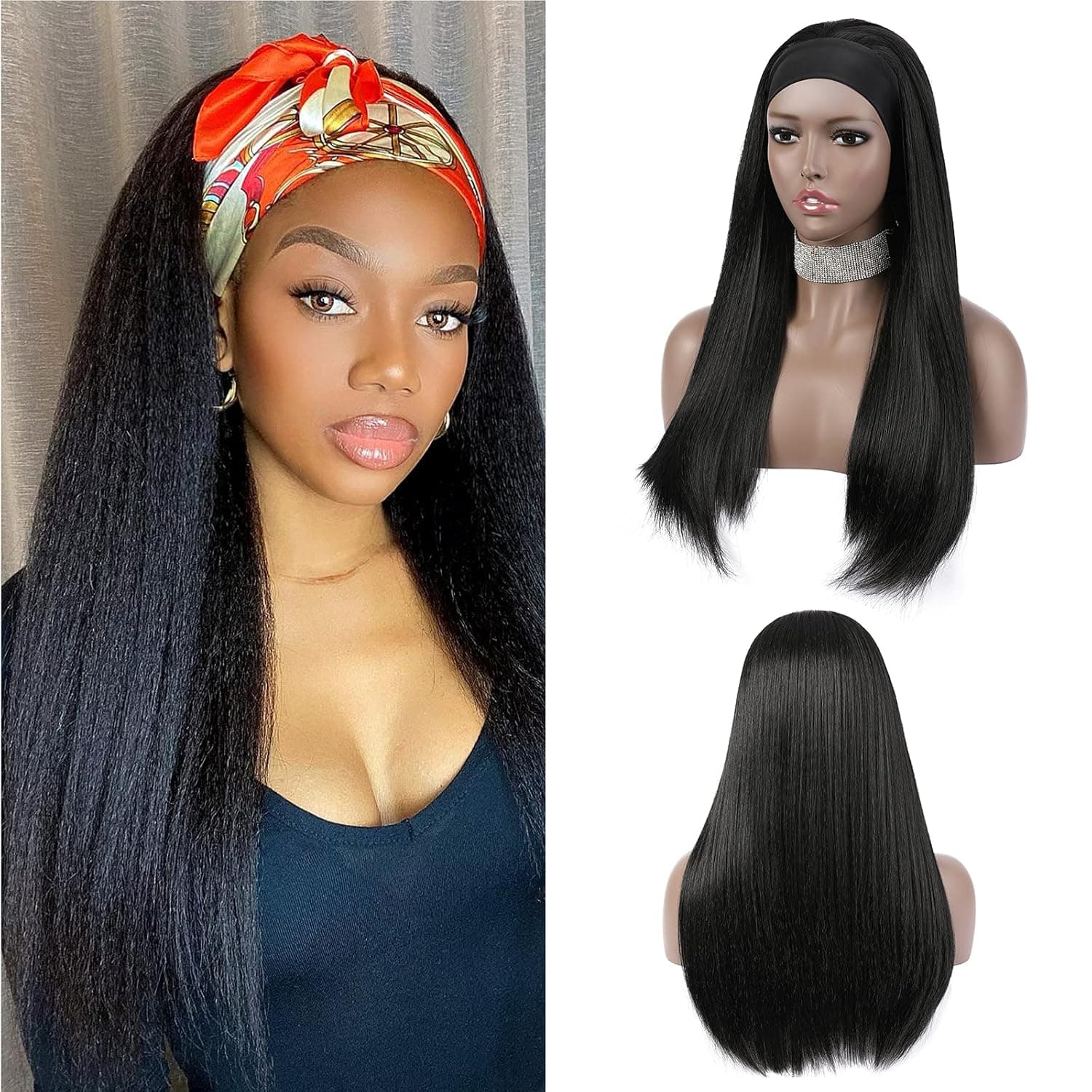 eNilecor Headband Wig, Glueless Synthetic Wigs for Black Women Long Straight Natural Looking Non Lace Front Head Band Black Wig Heat Resistant Fiber Hair with Headbands Attached (22'' straight)