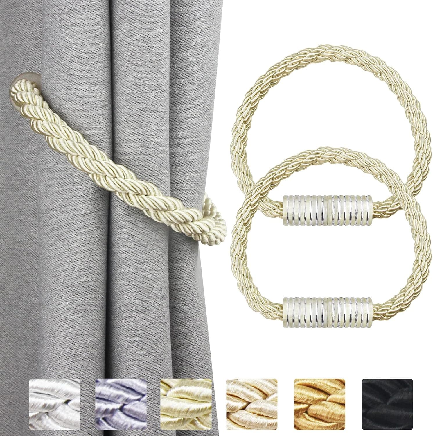 Nieffeiy 2pack Strong Magnetic Curtain Tiebacks Decorative Rope Holdbacks Convenient Ties Backs for Thin or Thick Window Draperies, Cream Yellow