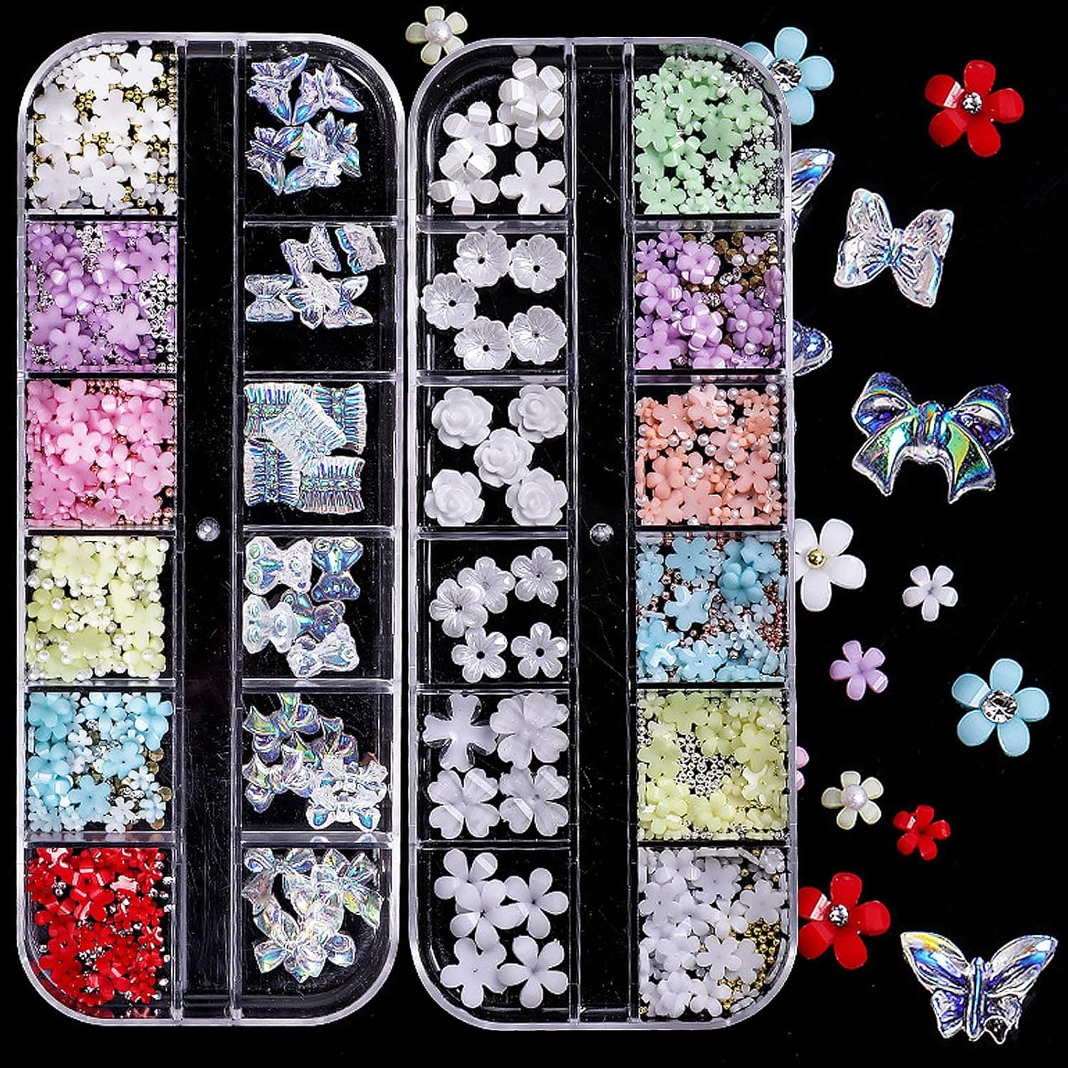 3D Flower Butterfly Nail Charms Acrylic Mix Sizes Colorful Flowers White Yellow Blue Purple Green Flower Nail Charms Mixed Gold Metal Round Beads for Nail Art DIY Jewelry Accessories Craft